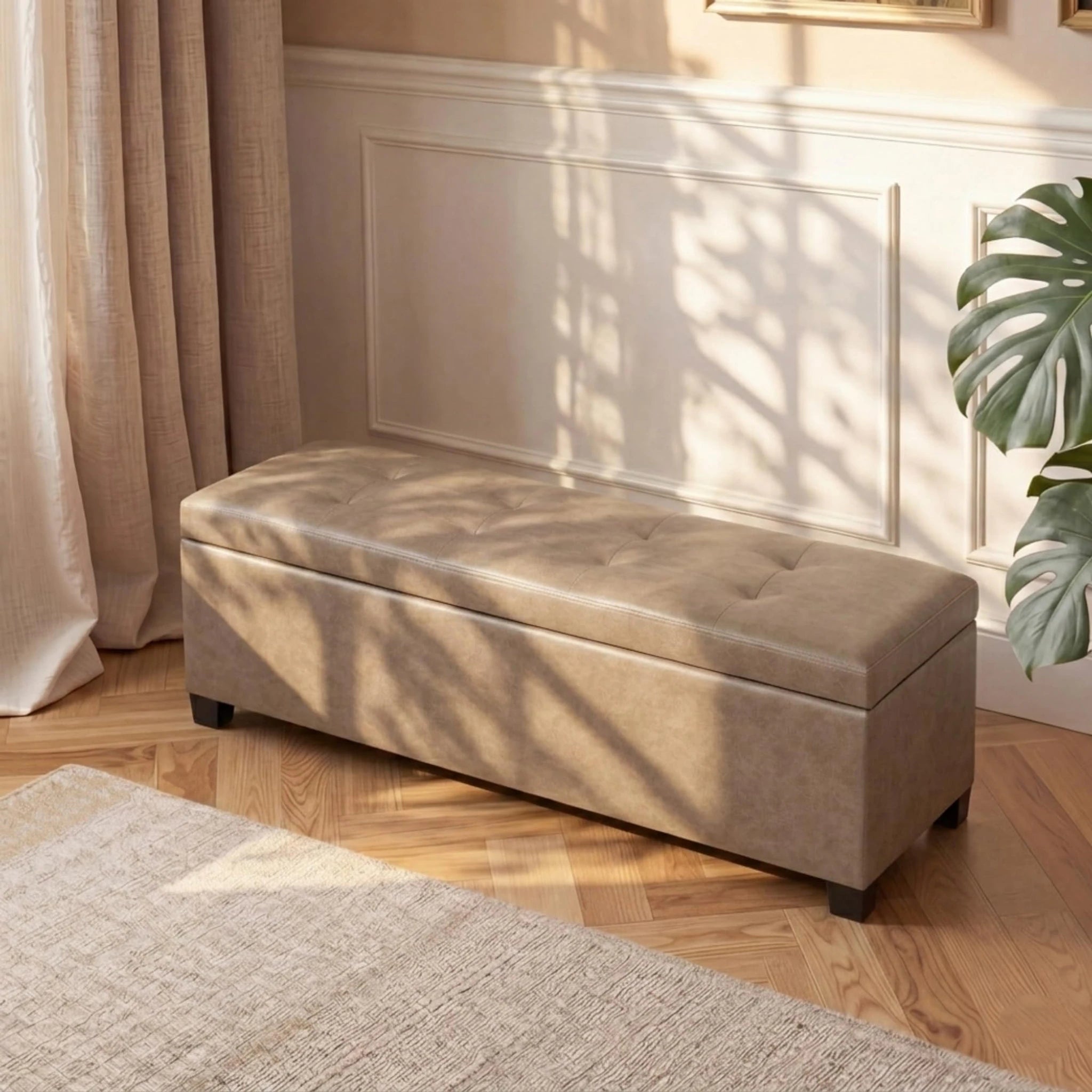 ASense Grayish Brown Tufted Storage Ottoman Bench – styled home scene