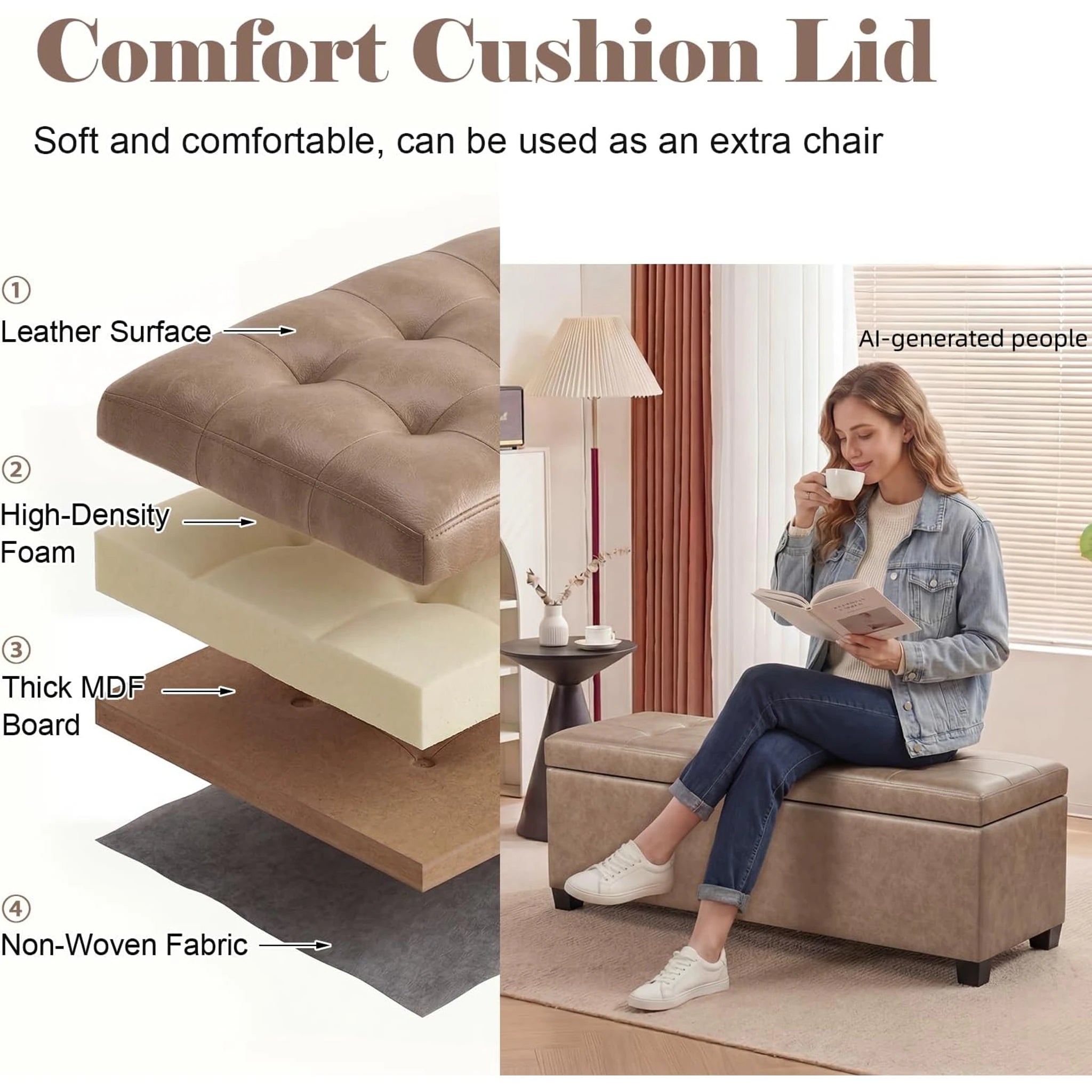ASense Grayish Brown Tufted Storage Ottoman Bench – detail and materials view