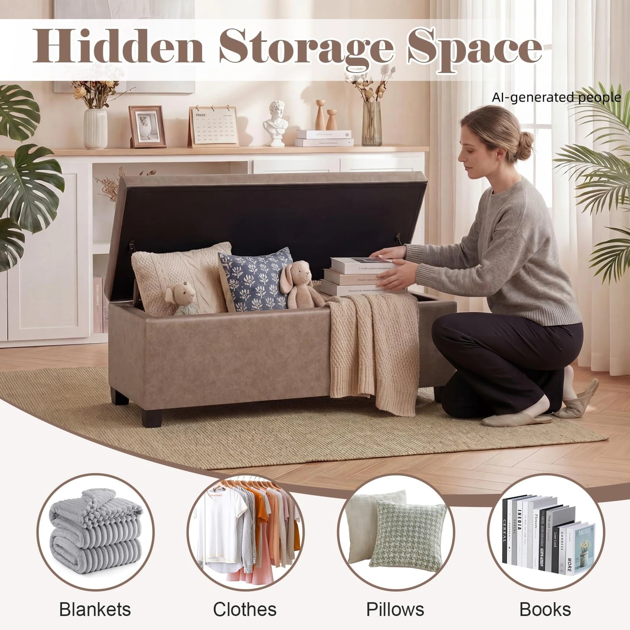 ASense Grayish Brown Tufted Storage Ottoman Bench – lifestyle room view