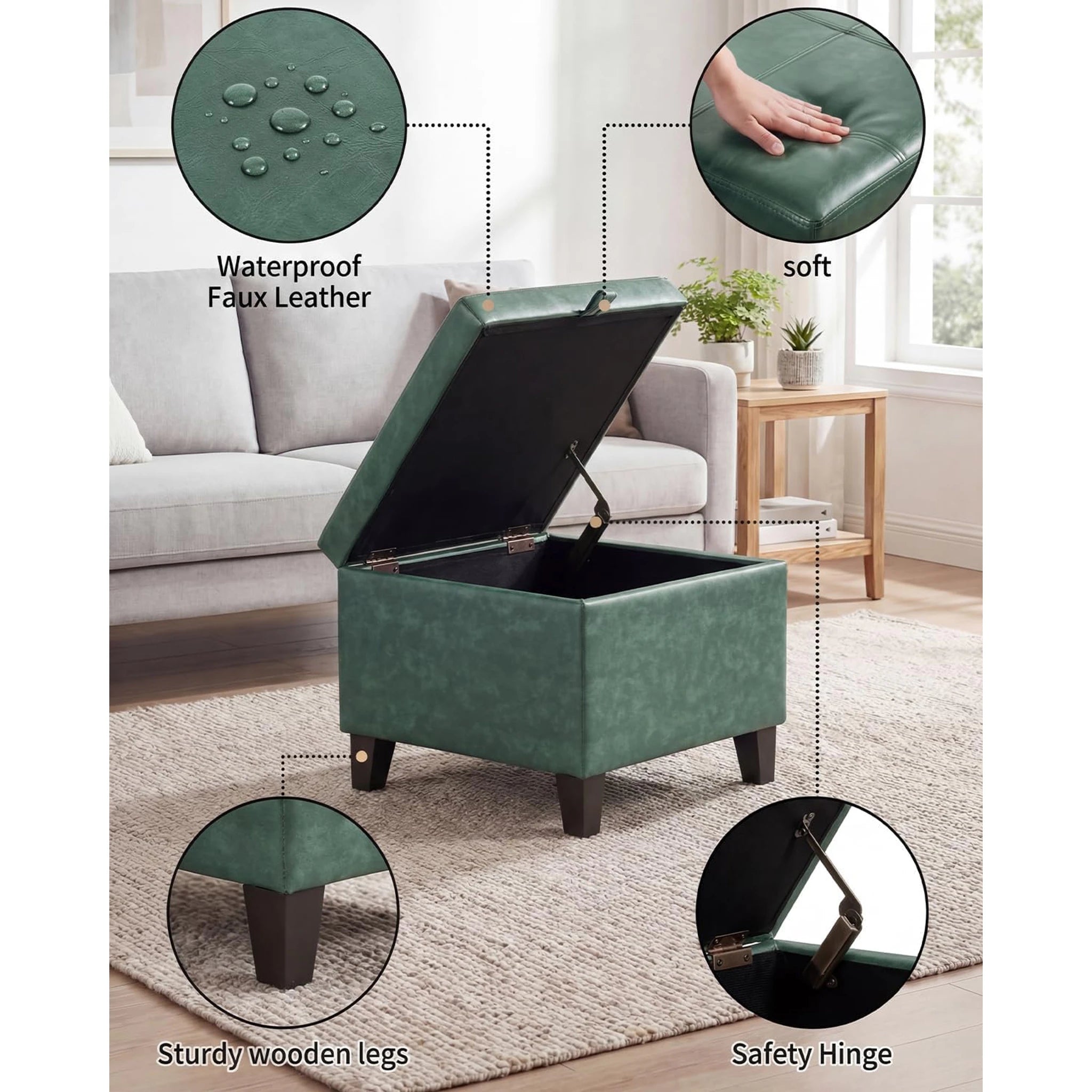 ASense Green Faux Leather Storage Ottoman – detail and materials view
