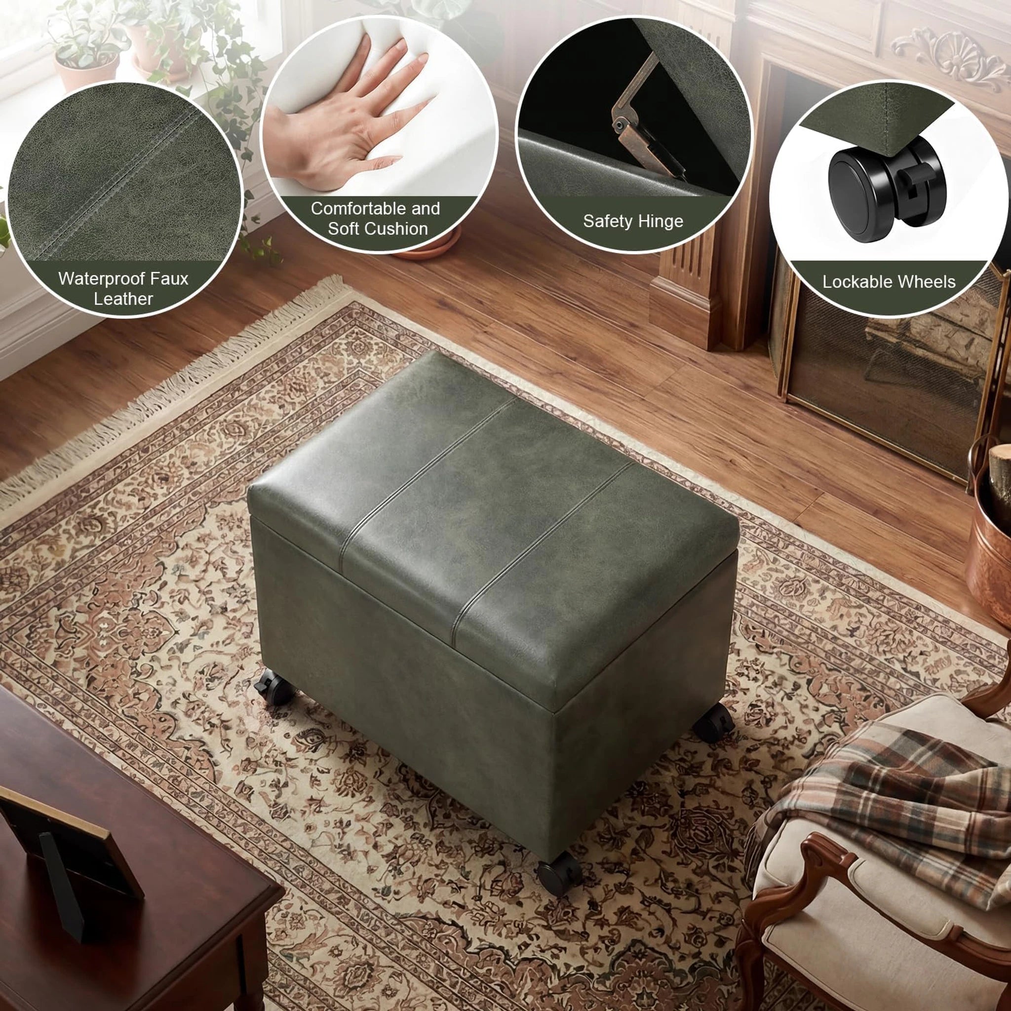 ASense Green With Wheels Tufted Faux Leather Storage Ottoman – detail and materials view