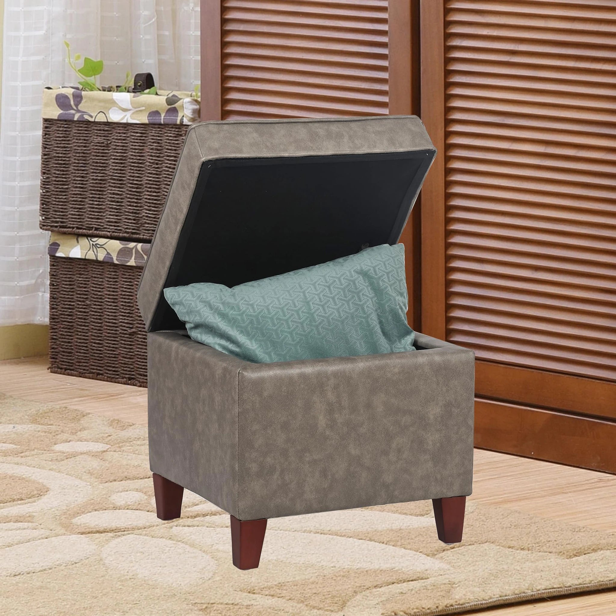 ASense Grey Linen Square Storage Ottoman – detail and materials view
