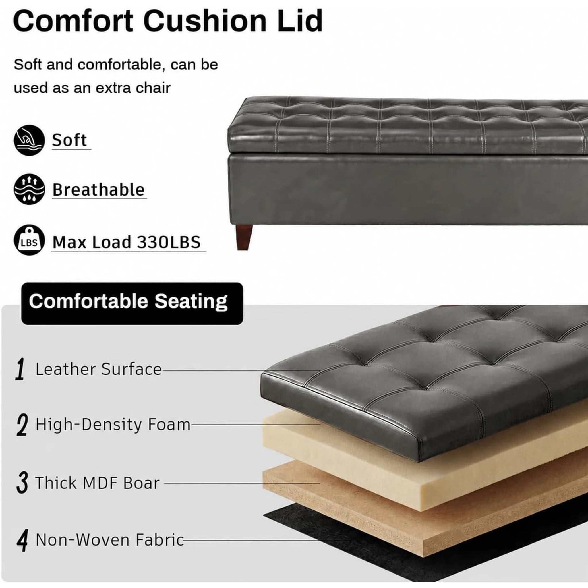 ASense Grey Tufted Faux Leather Storage Ottoman Bench – detail and materials view