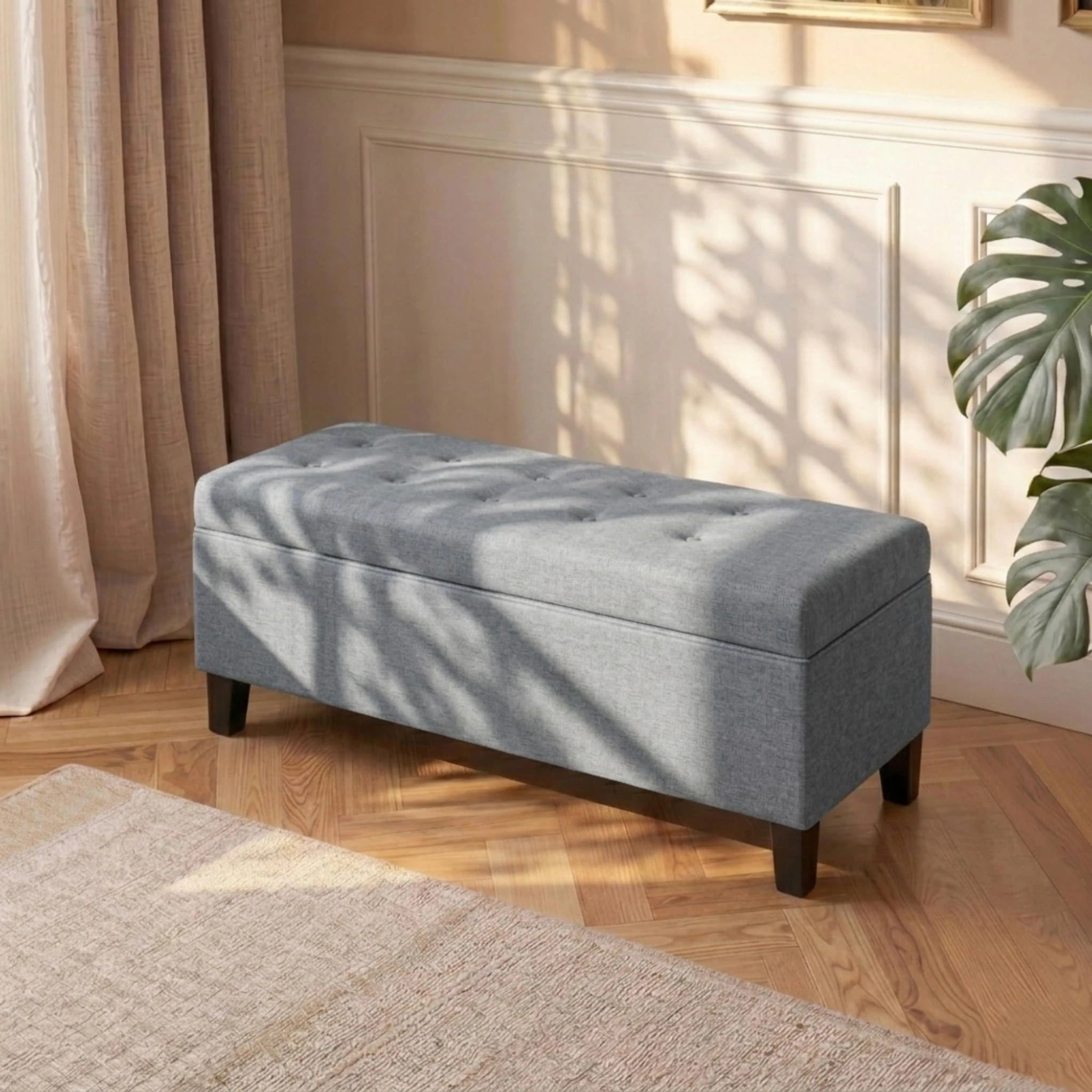 ASense Grey Tufted Linen Storage Ottoman Bench – styled home scene