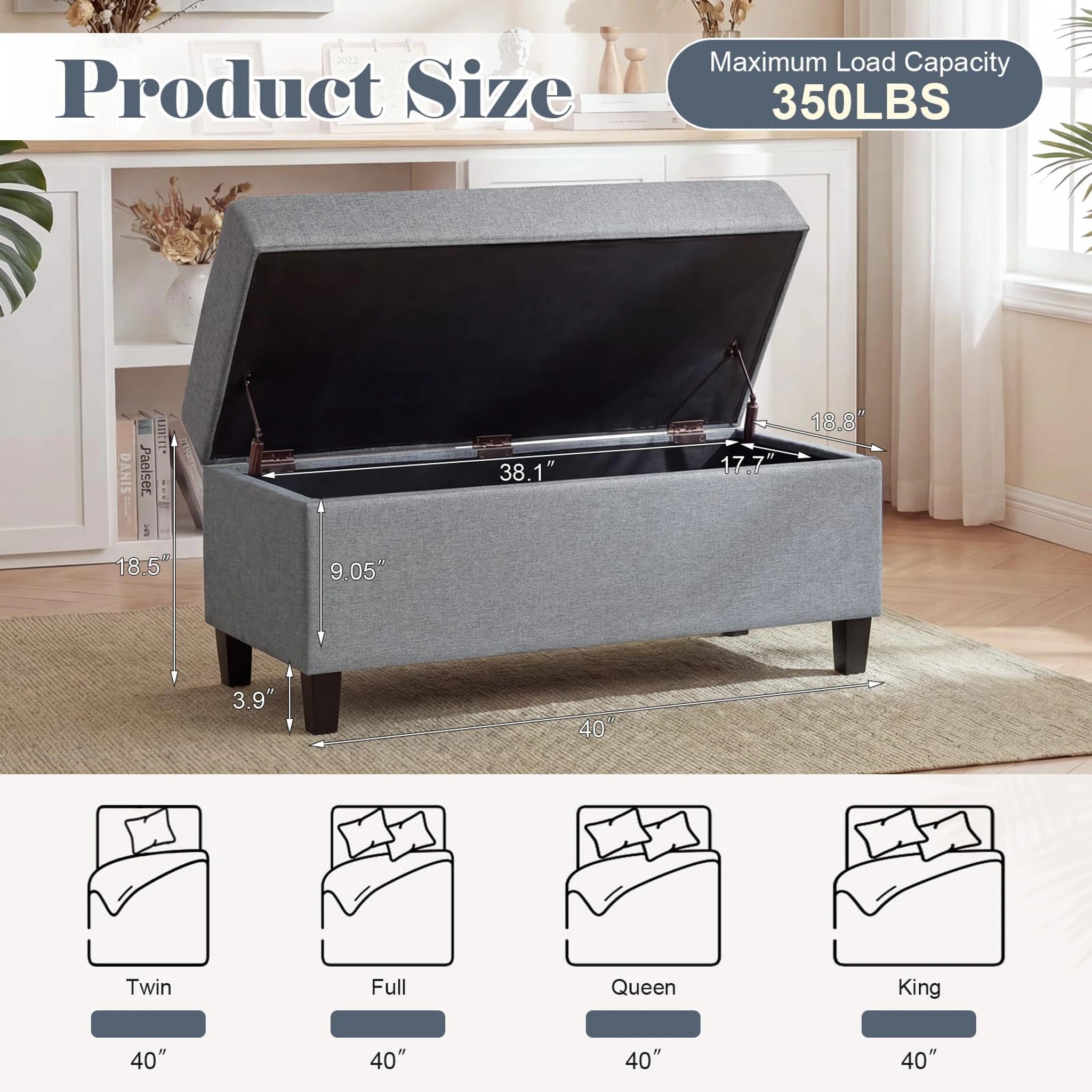 ASense Grey Tufted Linen Storage Ottoman Bench – dimensions chart
