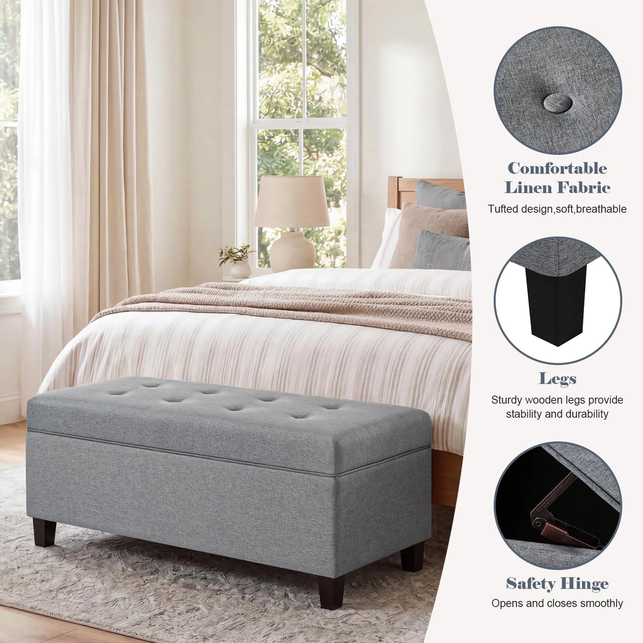 ASense Grey Tufted Linen Storage Ottoman Bench – detail and materials view