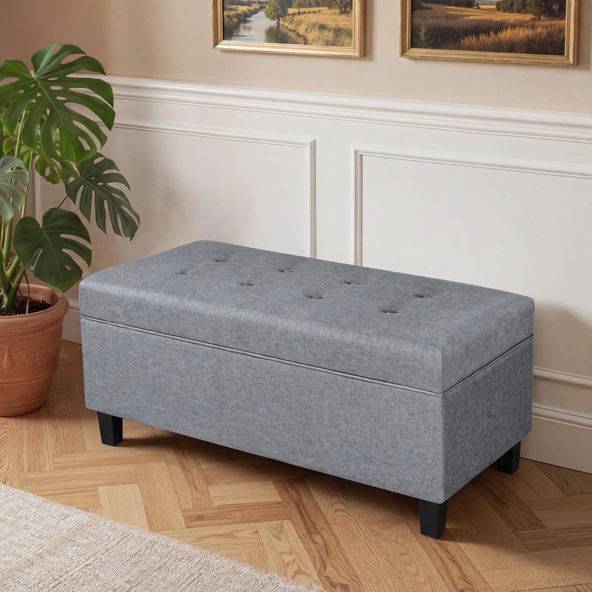 ASense Grey Tufted Linen Storage Ottoman Bench – lifestyle room view