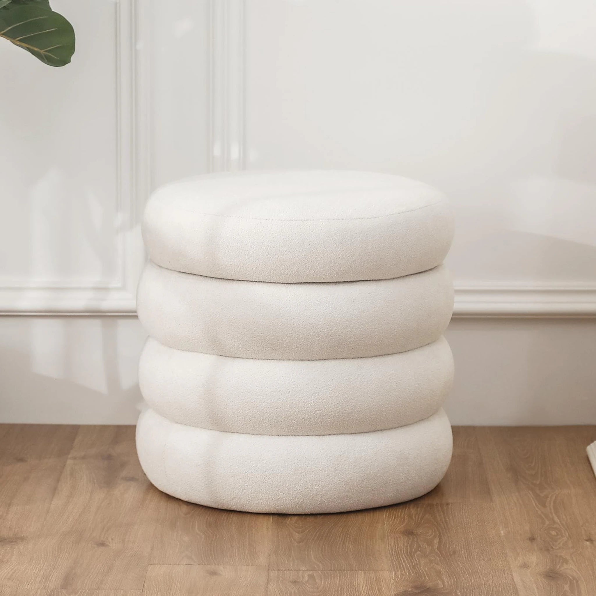 ASense Ivory Fabric Round Storage Ottoman – styled home scene