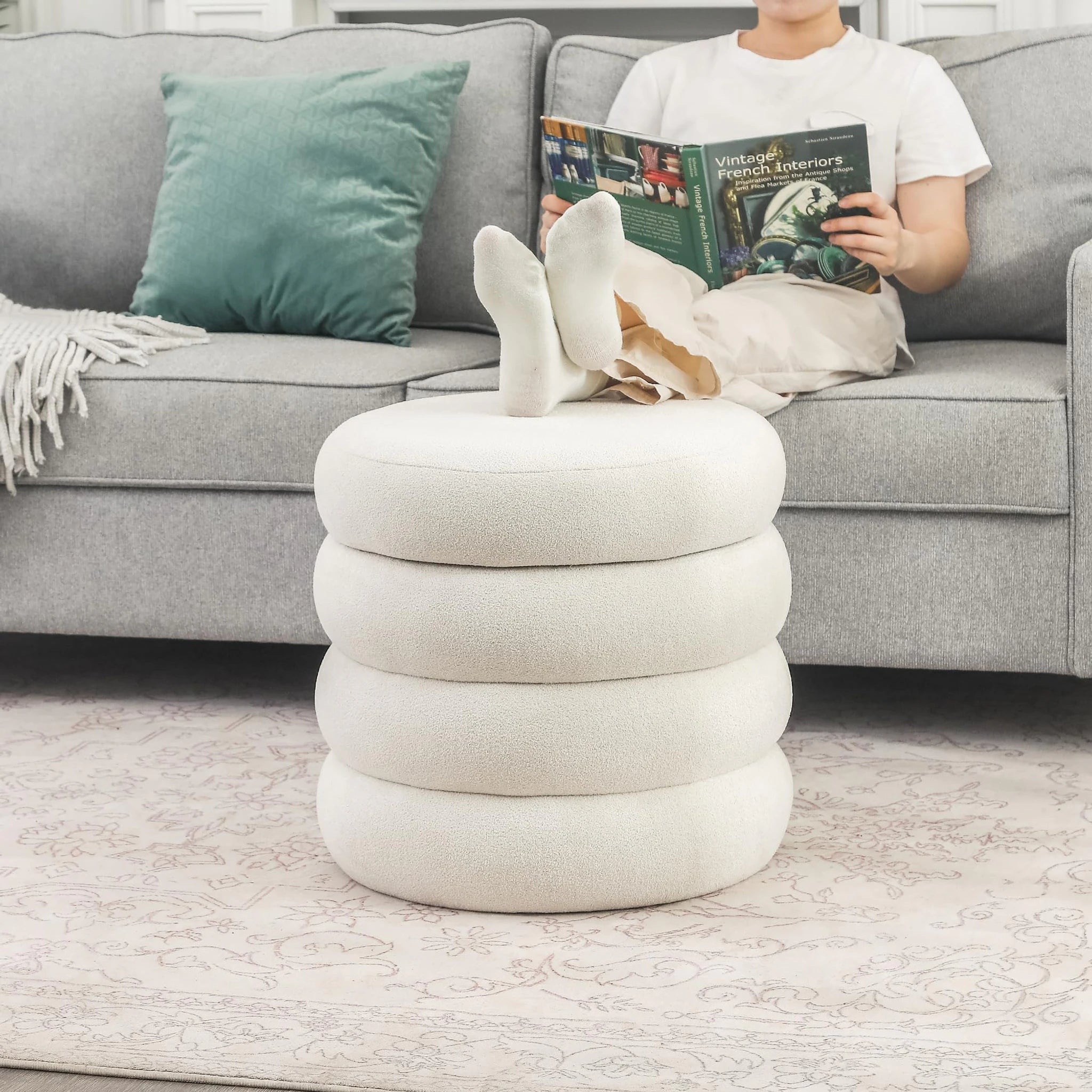 ASense Ivory Fabric Round Storage Ottoman – detail and materials view