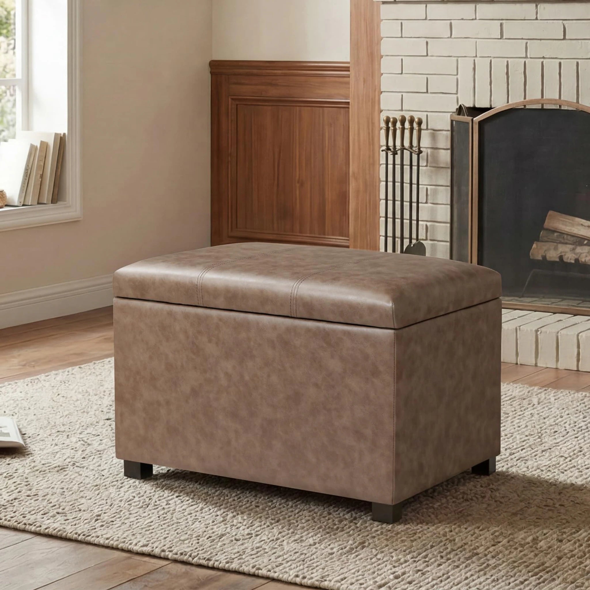 ASense Light Brown Faux Leather Storage Ottoman – styled home scene