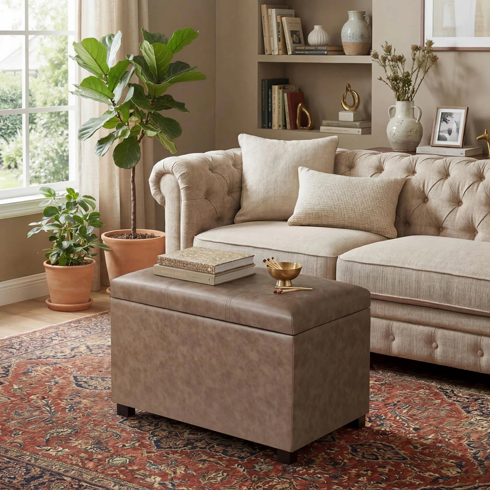 ASense Light Brown Faux Leather Storage Ottoman – lifestyle room view