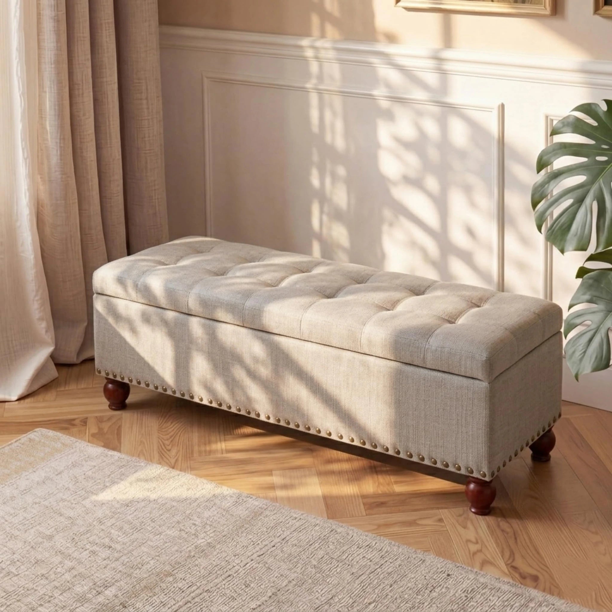ASense Noble Light Gray Tufted Linen Storage Ottoman Bench – styled home scene