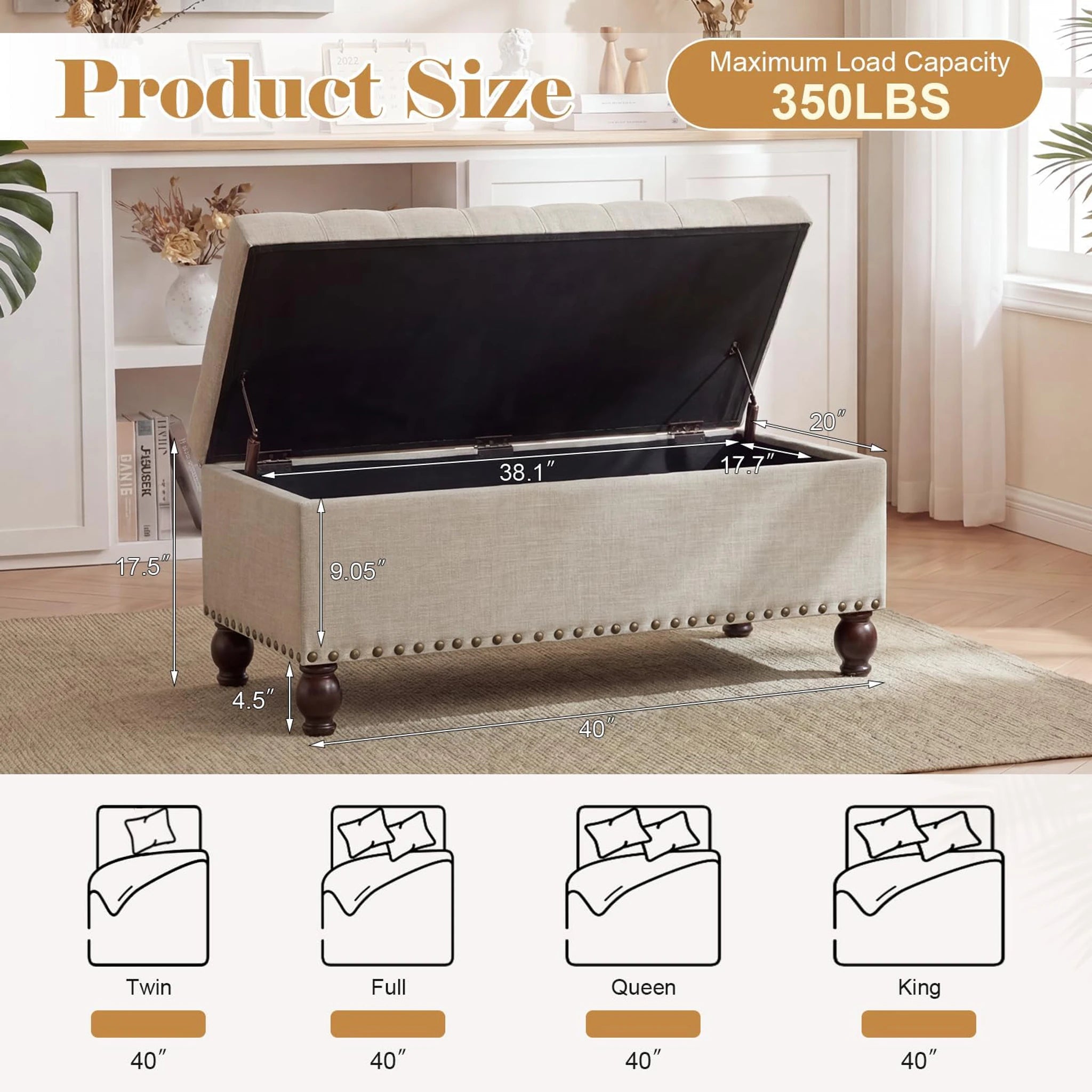 ASense Noble Light Gray Tufted Linen Storage Ottoman Bench – dimensions chart