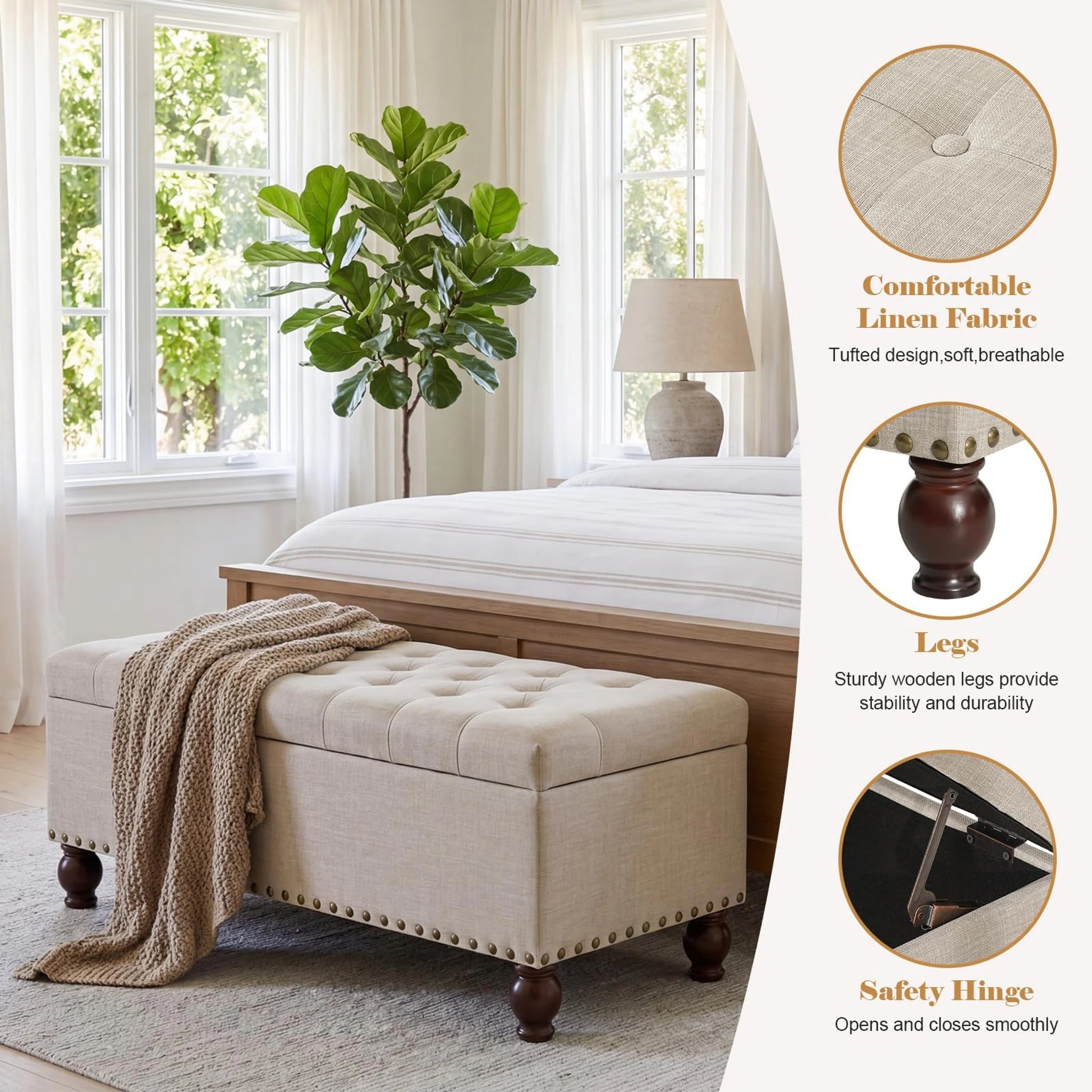 ASense Noble Light Gray Tufted Linen Storage Ottoman Bench – detail and materials view