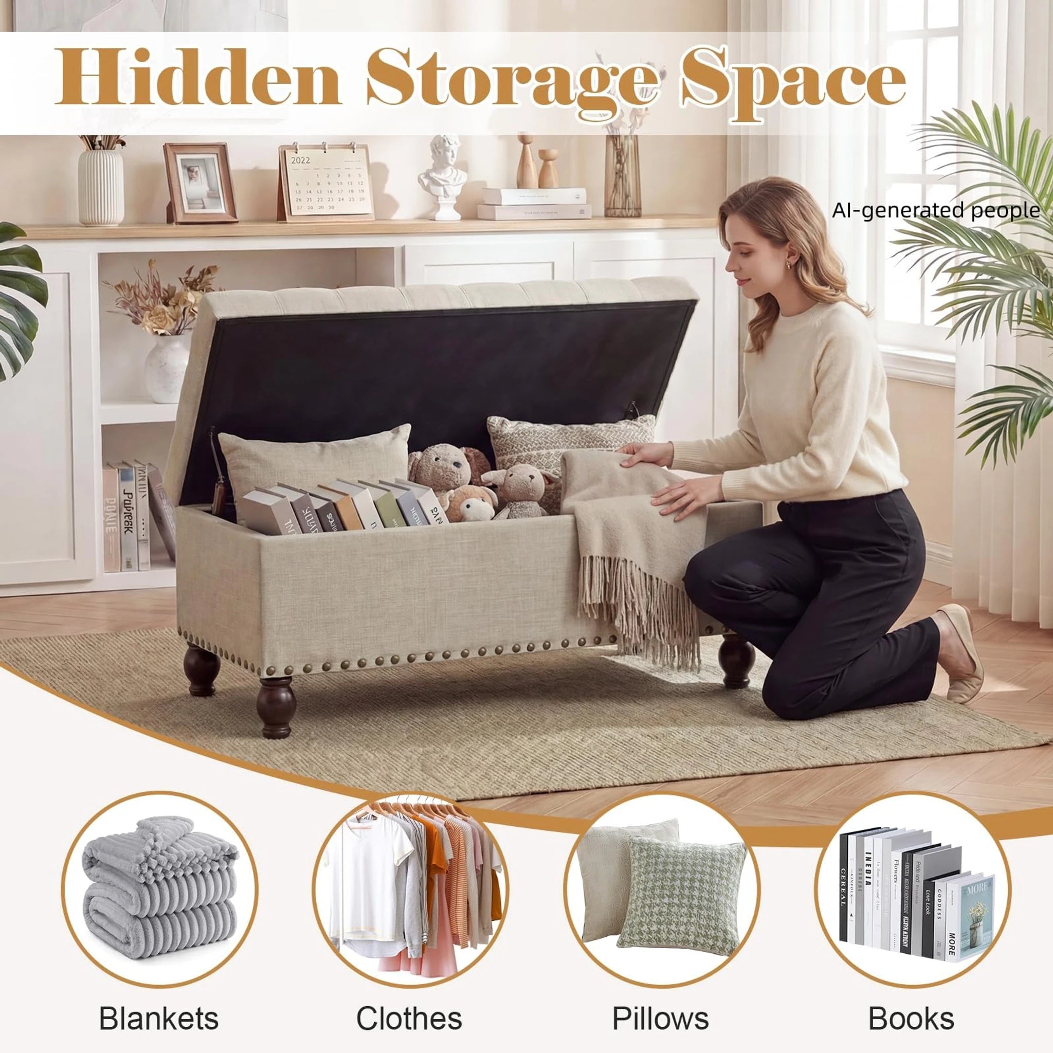 ASense Noble Light Gray Tufted Linen Storage Ottoman Bench – lifestyle room view