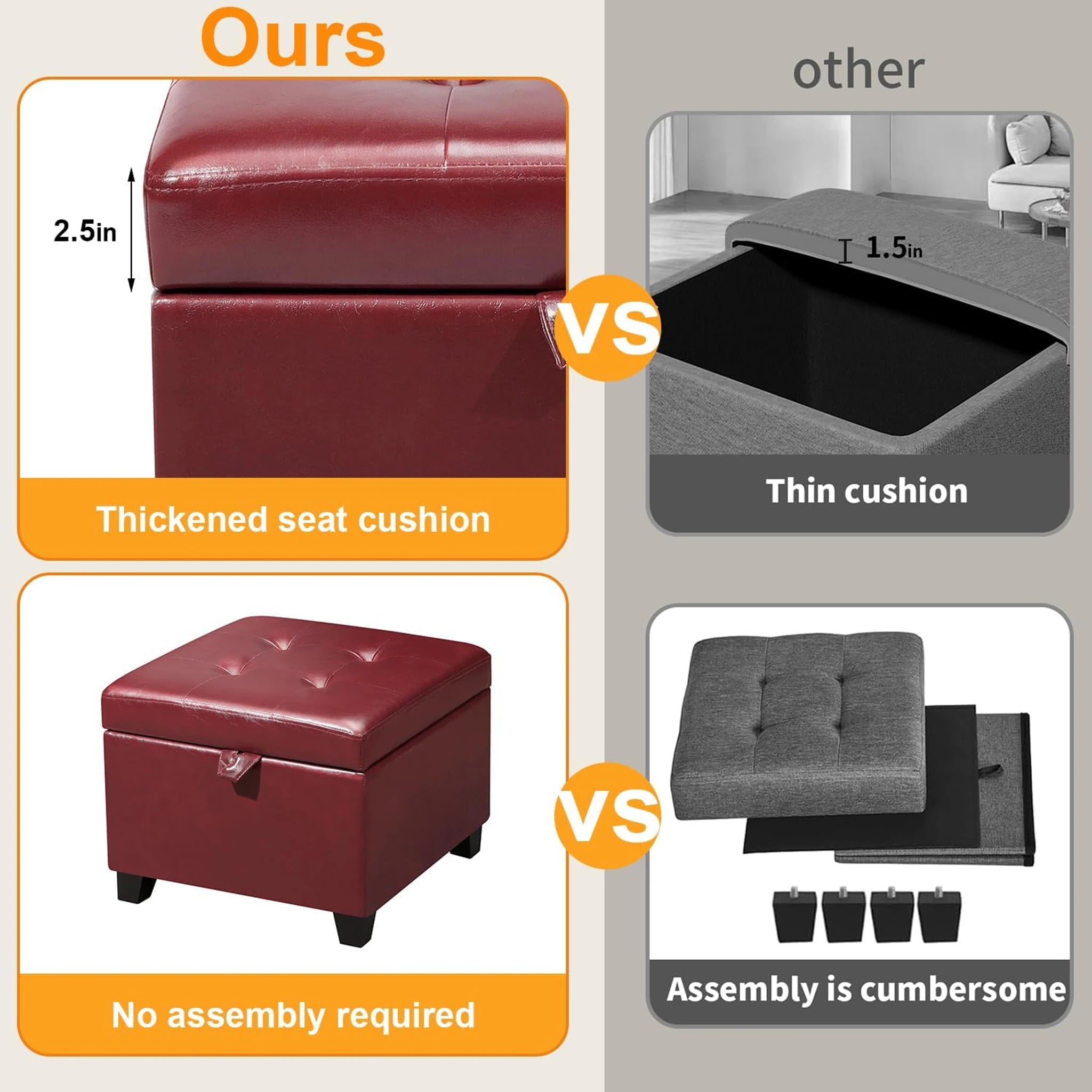 ASense Red Faux Leather Storage Ottoman – detail and materials view