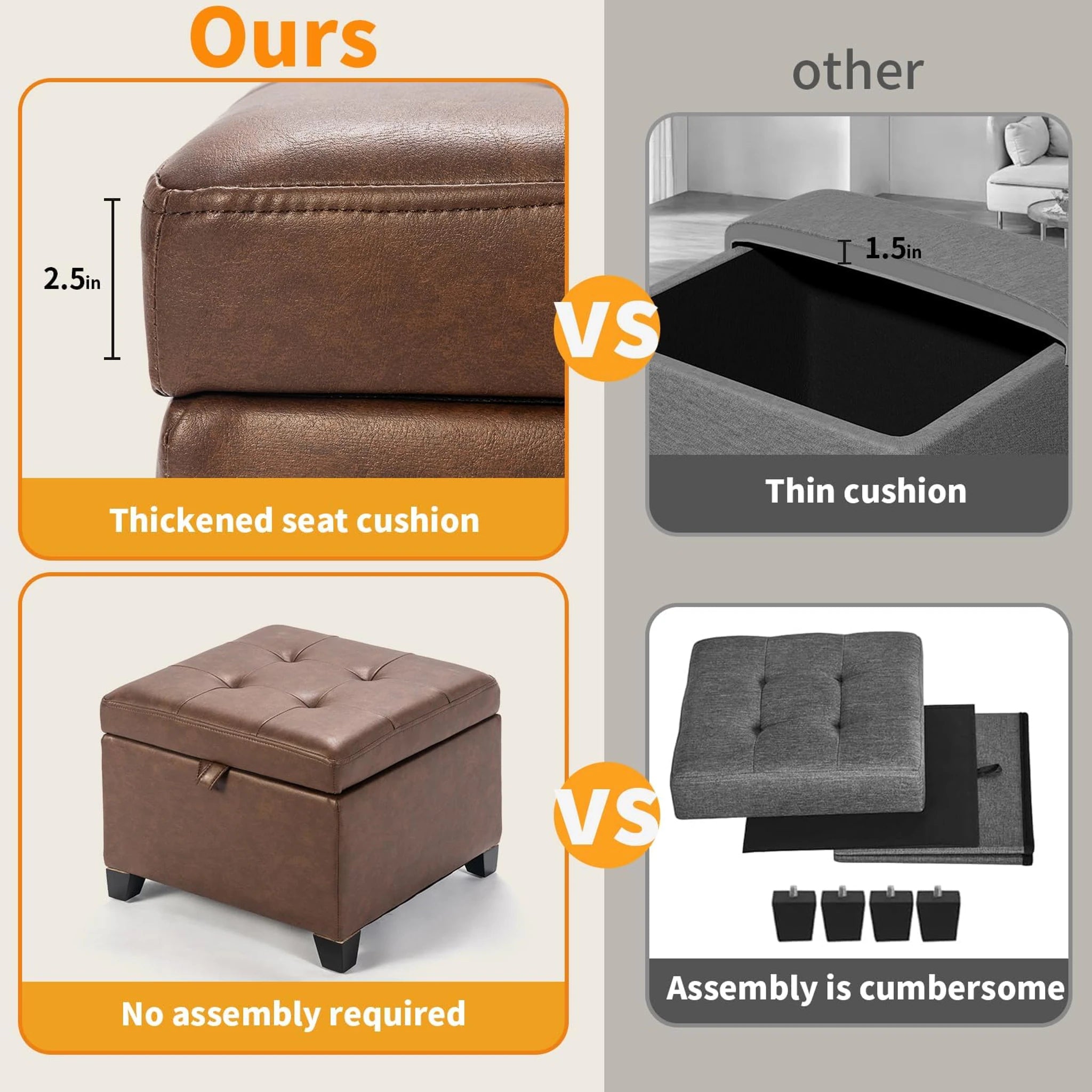 ASense Rust Brown Faux L Faux Leather Storage Ottoman – detail and materials view
