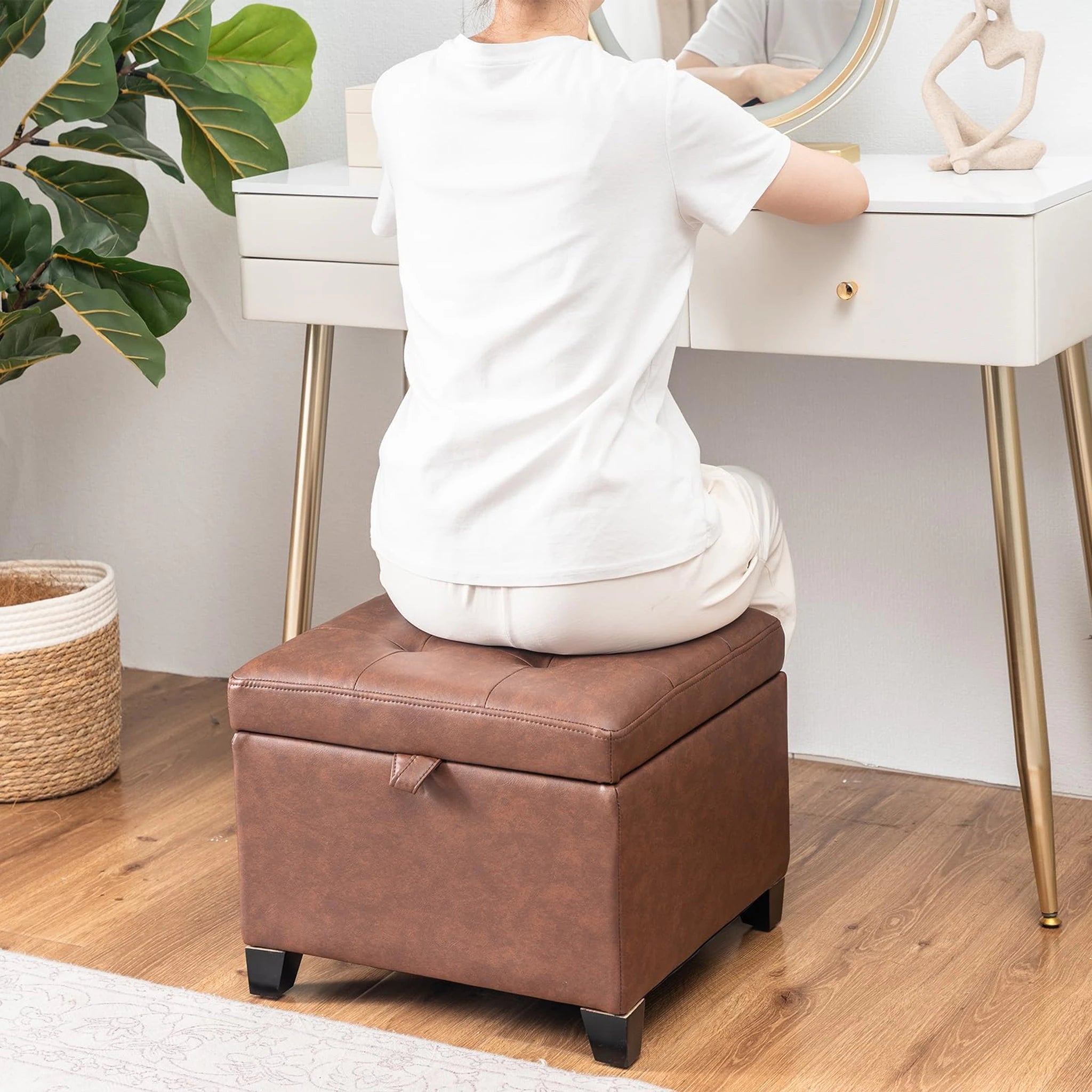 ASense Rust Brown Faux L Faux Leather Storage Ottoman – lifestyle room view