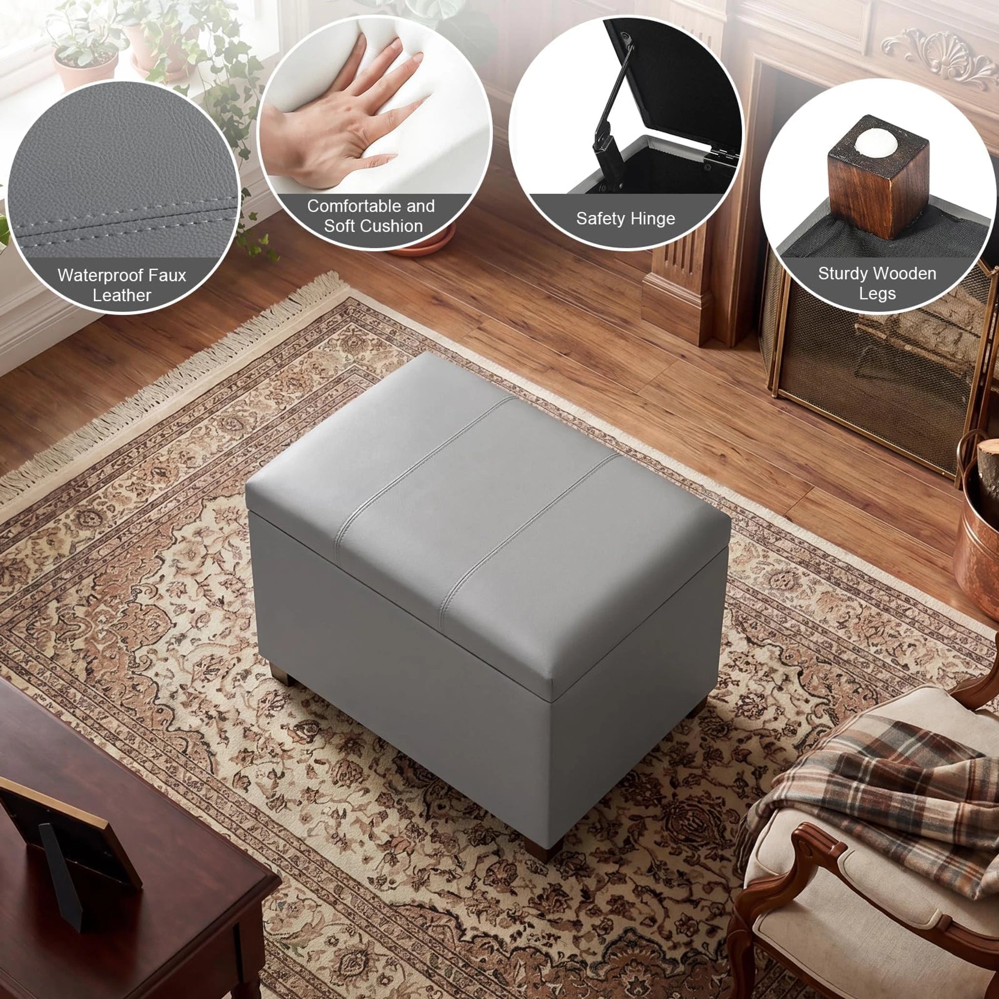 ASense Slate Gray Faux Leather Storage Ottoman – detail and materials view
