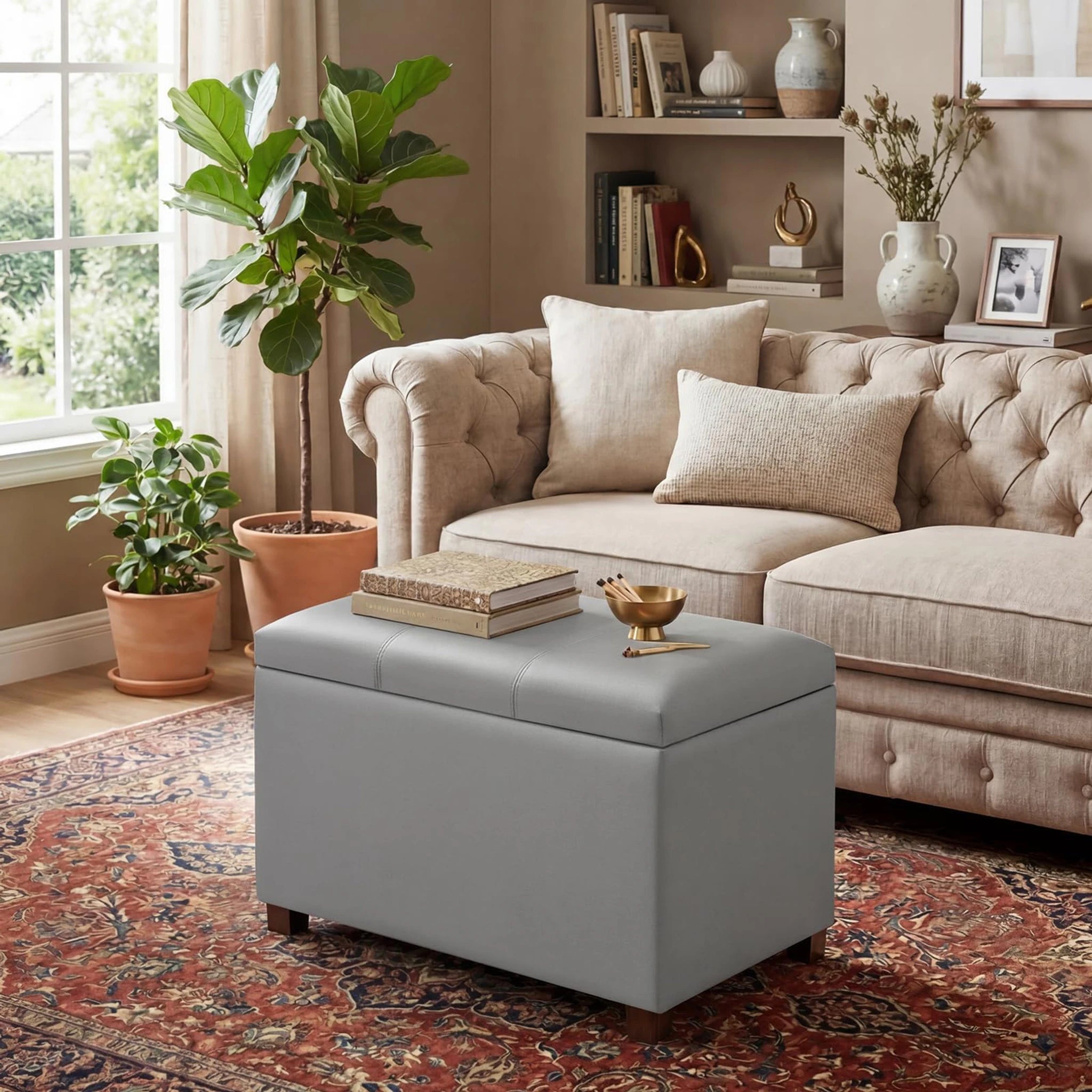 ASense Slate Gray Faux Leather Storage Ottoman – lifestyle room view