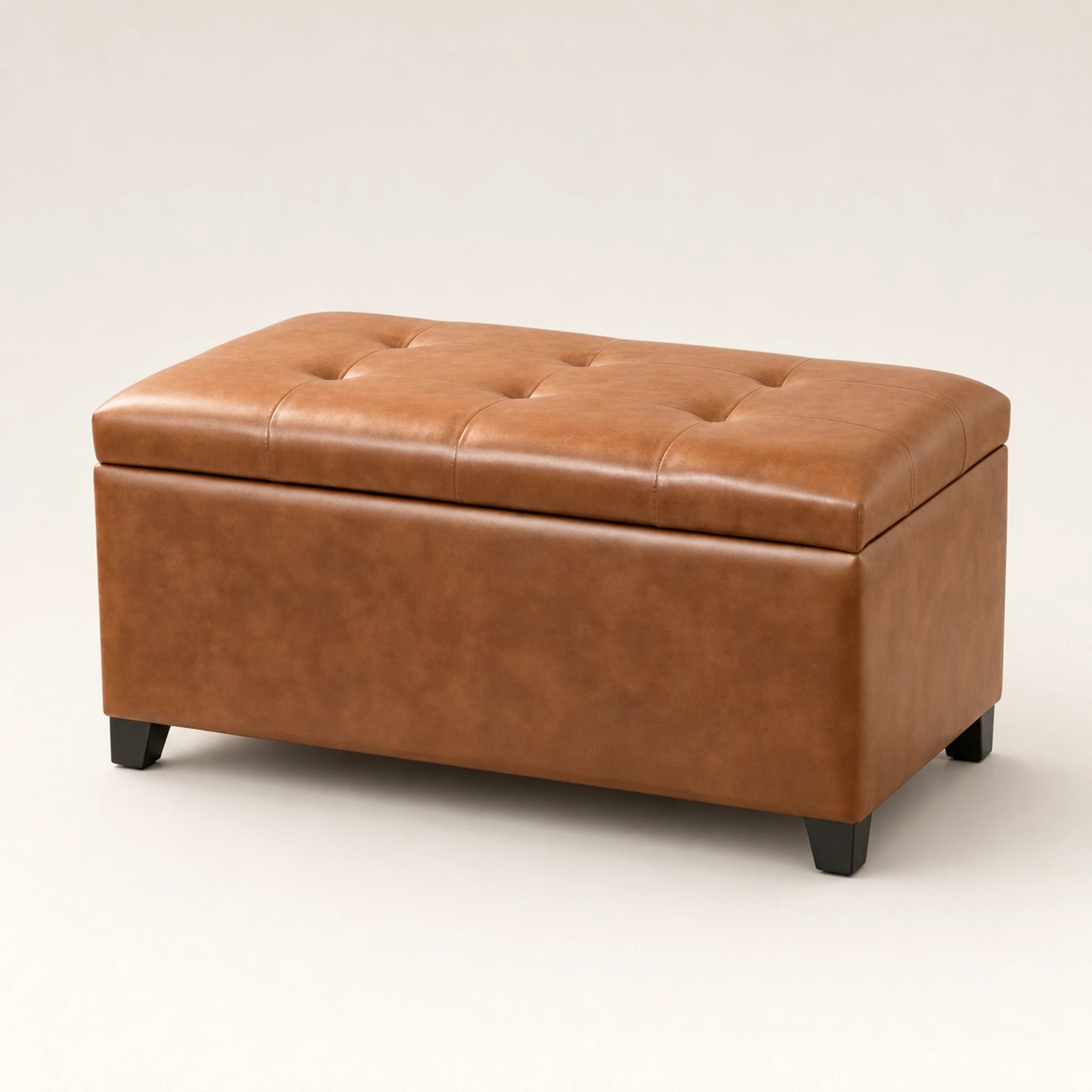 Beringia Tan Brown faux leather 38-inch storage ottoman – warm studio front view