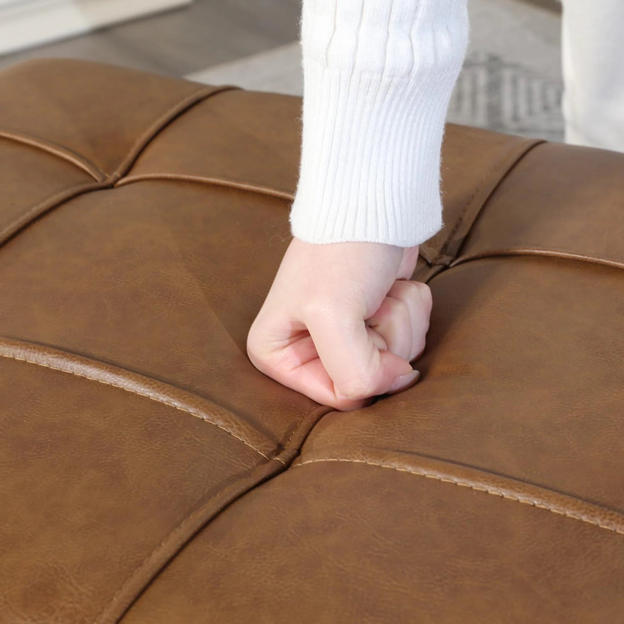 ASense Warm Golden Brown Tufted Faux Leather Storage Ottoman Bench – detail and materials view
