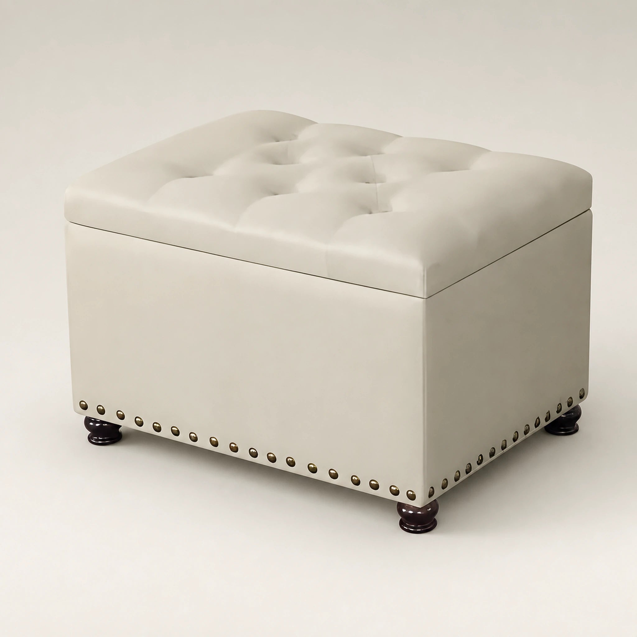 Beringia Beige bronze Rivets polyester fabric 17.5-inch storage ottoman – warm studio front view