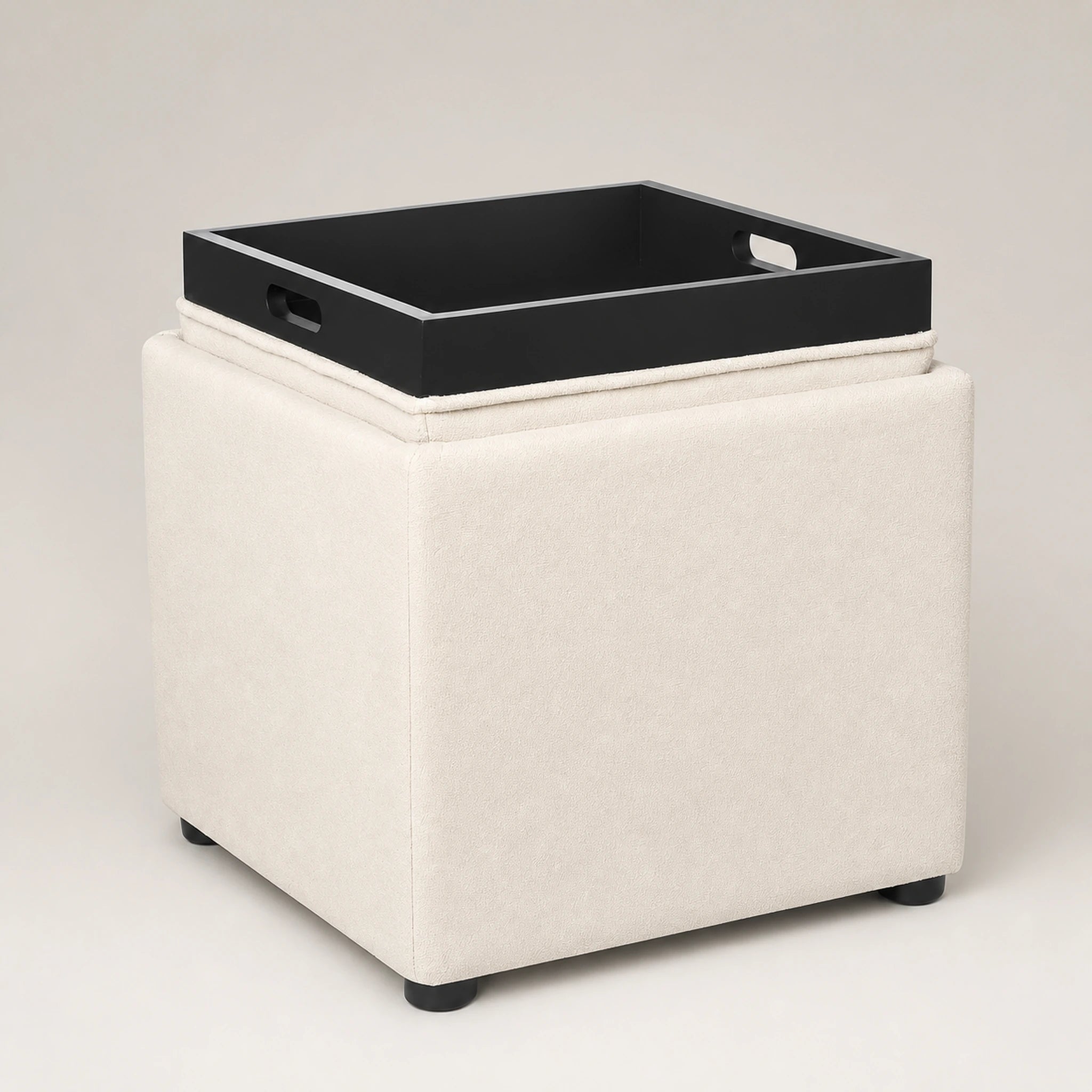 Beringia Beige linen 17.5-inch storage ottoman – warm studio front view
