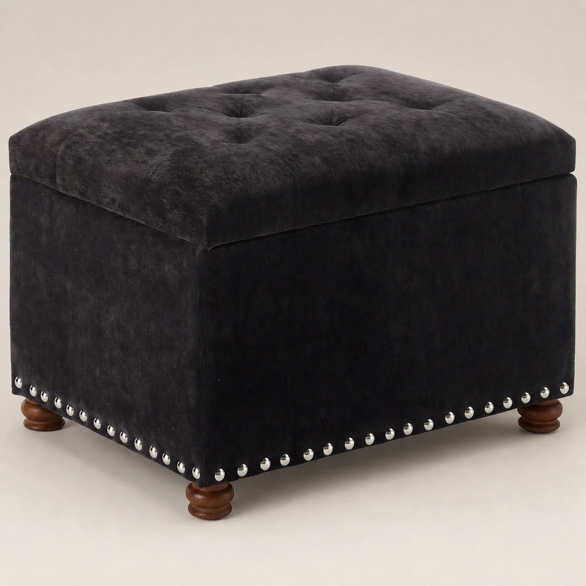 Beringia Black fabric 24-inch storage ottoman – warm studio front view