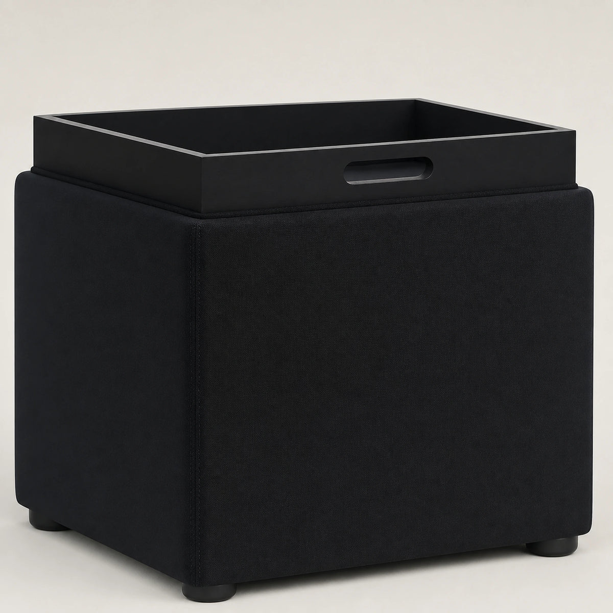 Beringia Black with tray linen 17.5-inch storage ottoman – warm studio front view