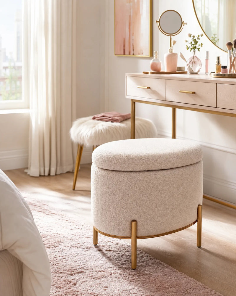 ADECO cream boucle storage ottoman in a bright vanity corner