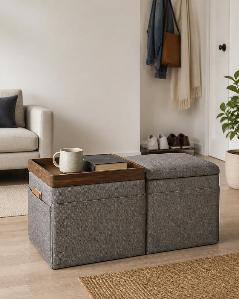ASense foldable storage ottoman with reversible tray in a compact entryway