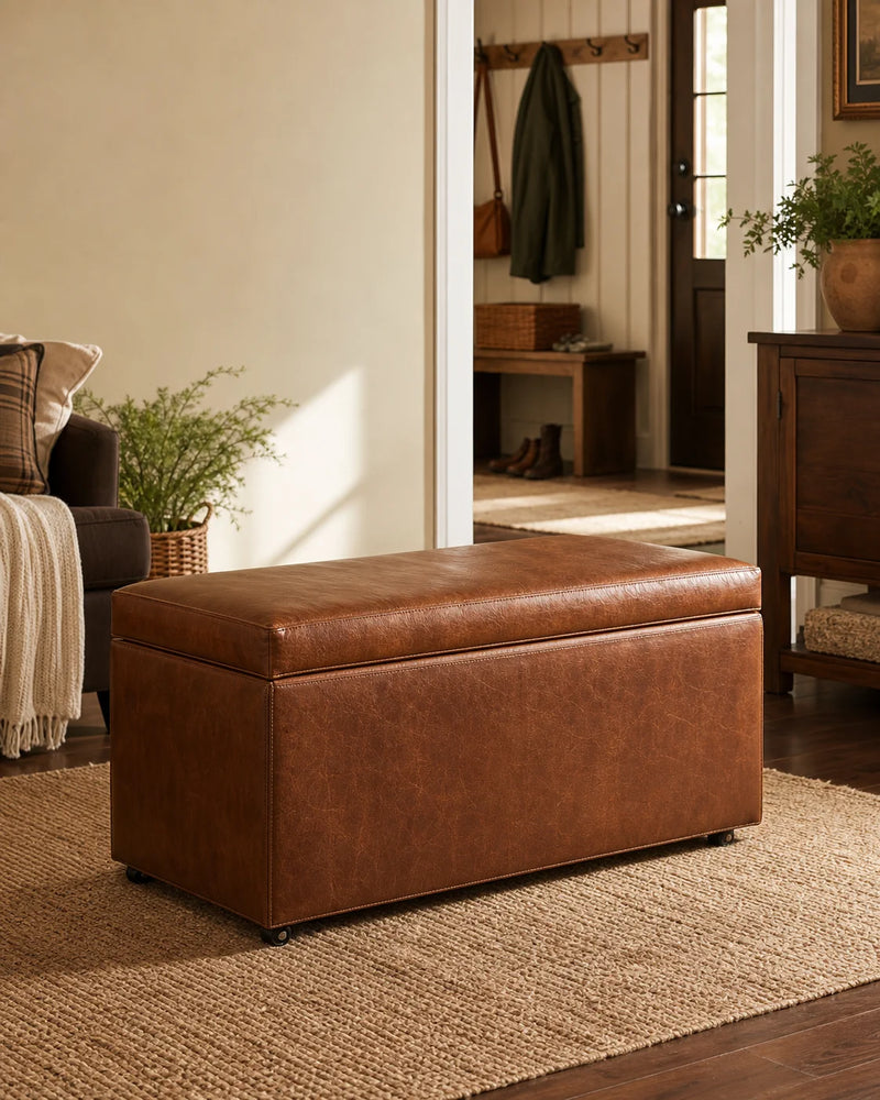 decent home cognac leather storage bench with caster wheels in a family room