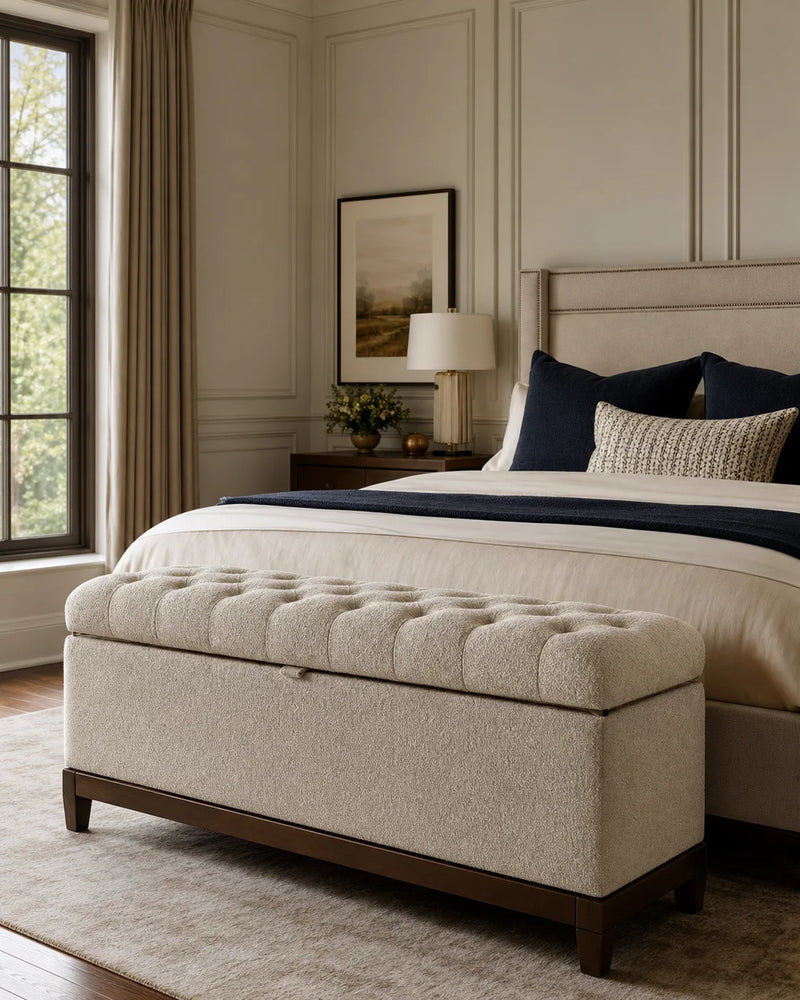 DECO tufted storage bench at the foot of a classic transitional bed