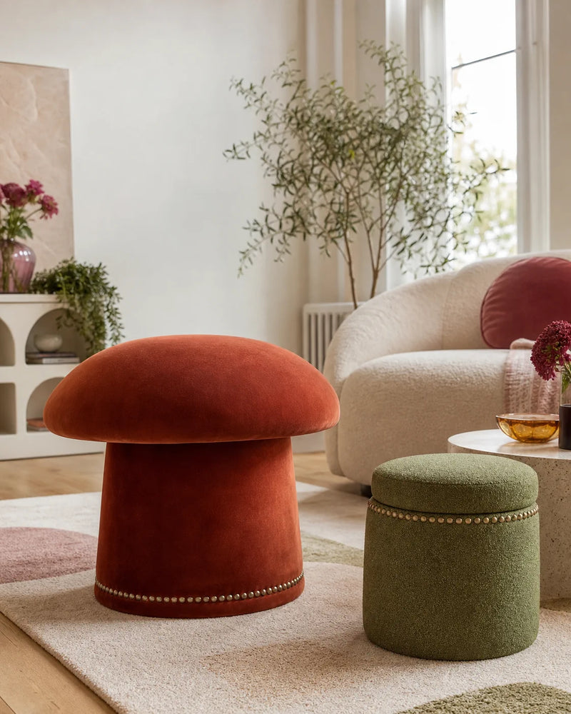 Homebeez colorful mushroom ottoman in a playful contemporary living room