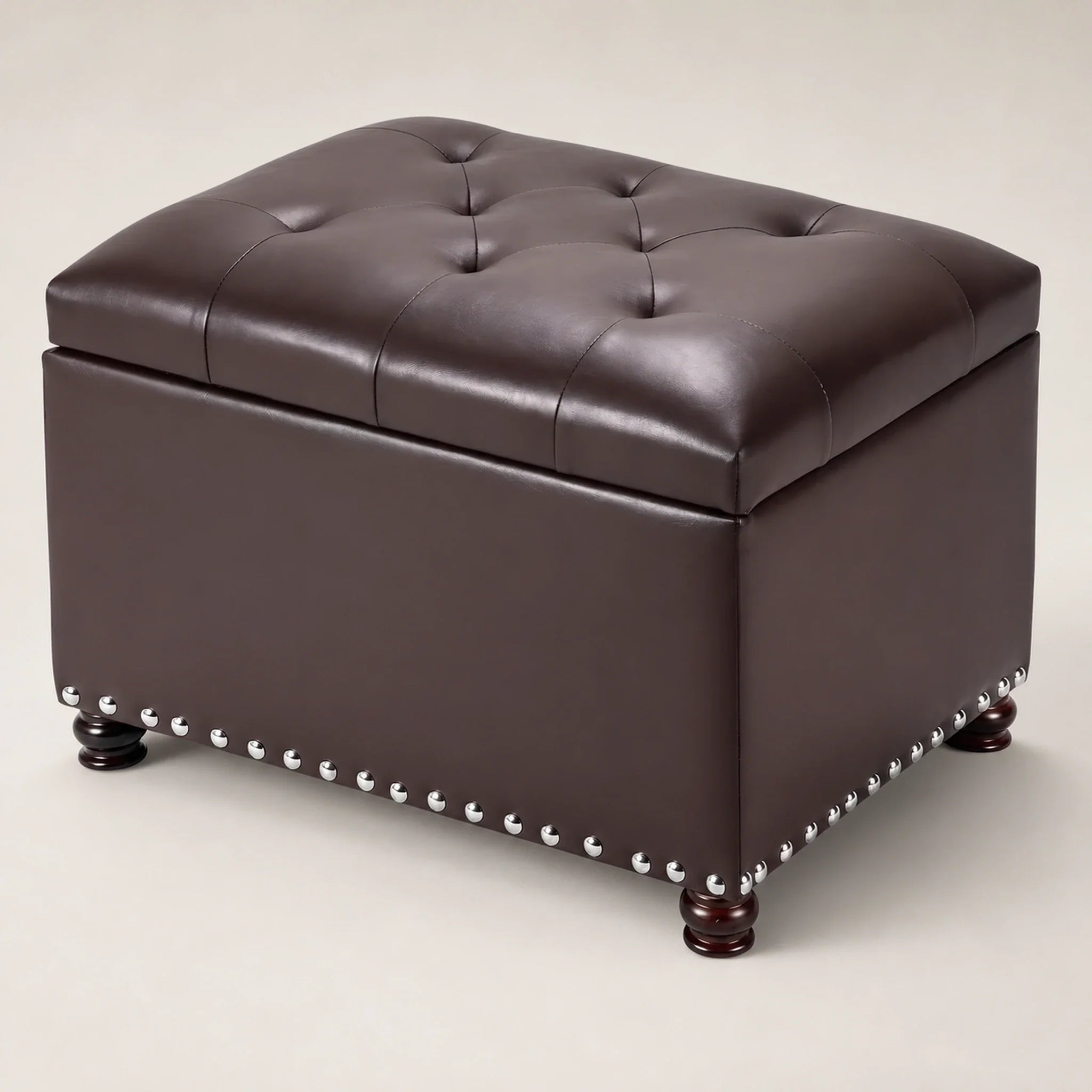 Adeco Dark Brown storage ottoman – warm studio front view