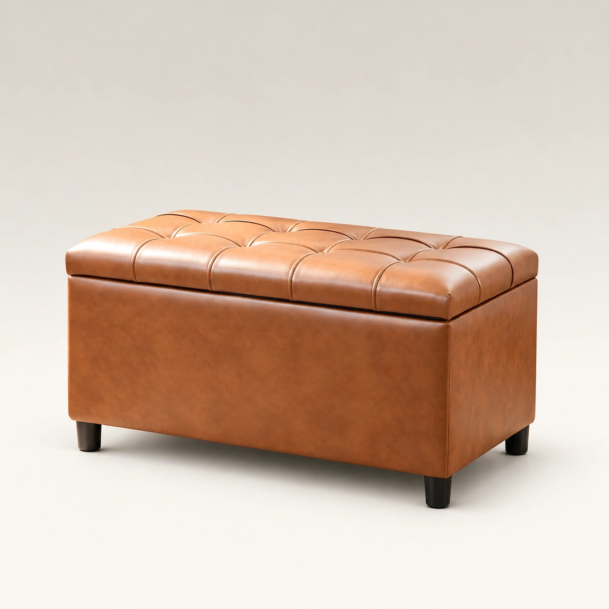 Beringia Cognac Brown faux leather 32-inch storage ottoman – warm studio front view