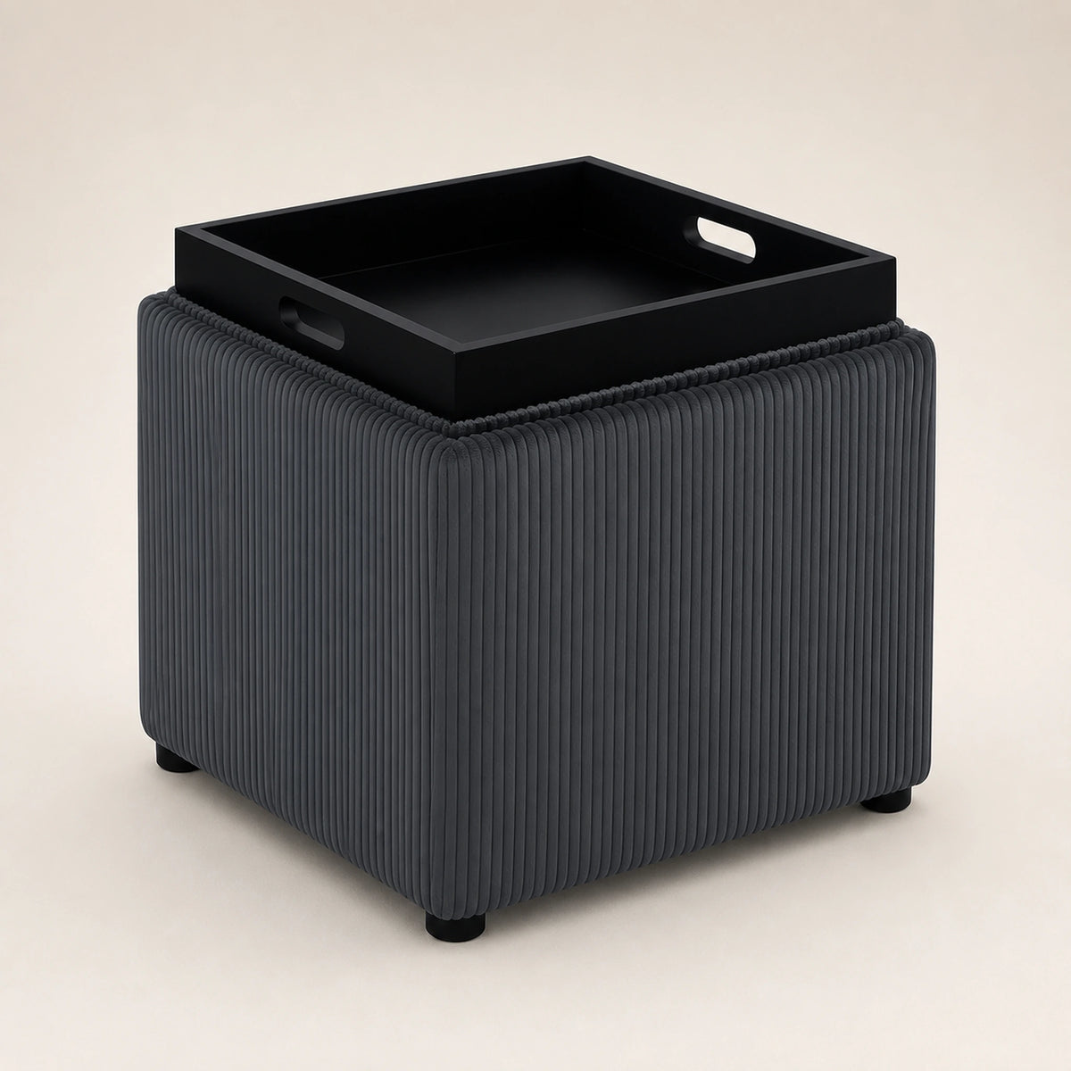 Beringia Dark Gray linen 17.5-inch storage ottoman – warm studio front view