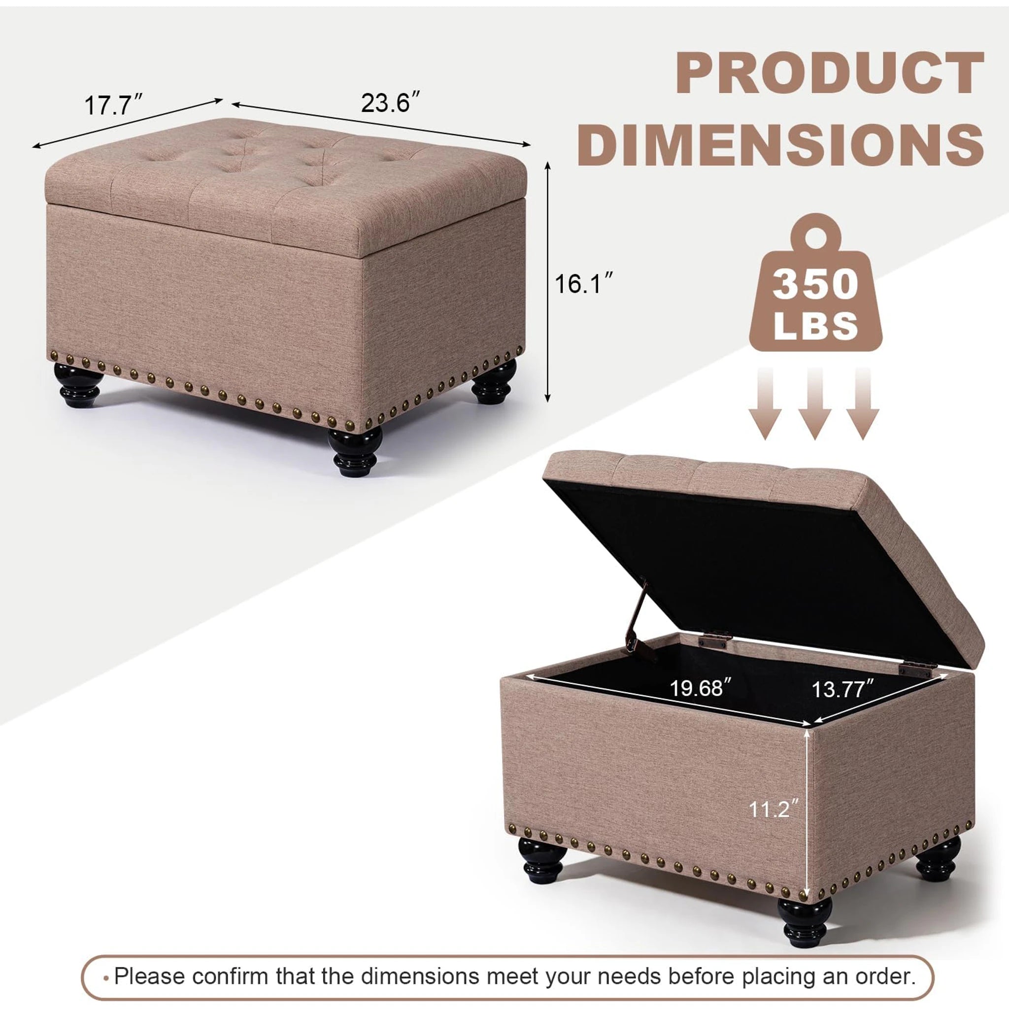 Decent Home Beige, Bronze Rivets Fabric Storage Ottoman – dimensions chart