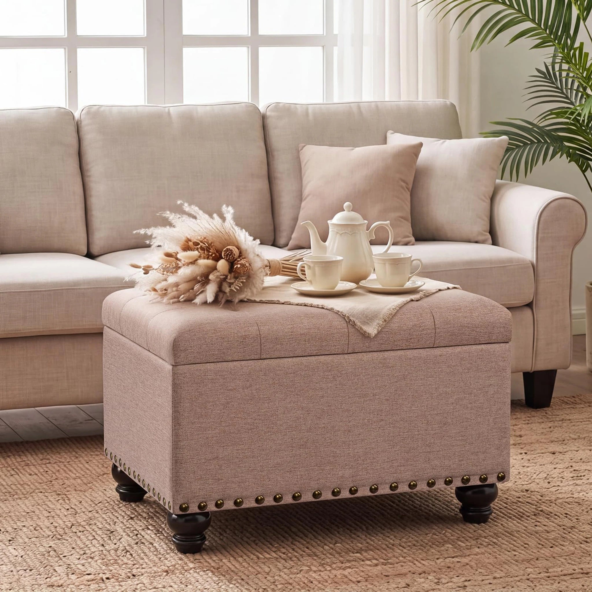 Decent Home Beige, Bronze Rivets Fabric Storage Ottoman – lifestyle room view