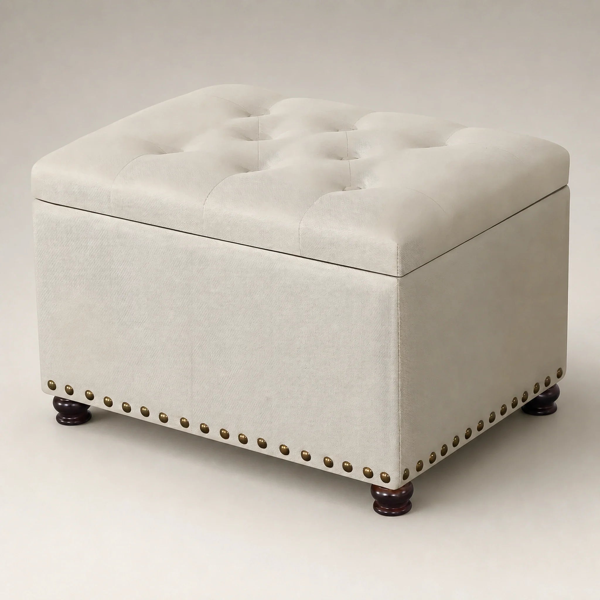 Decent Home Beige, Bronze Rivets storage ottoman – warm studio front view