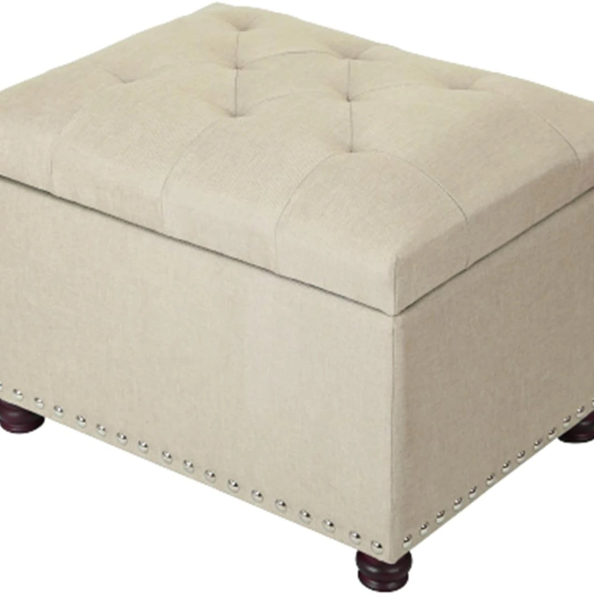 Decent Home Beige, Bronze Rivets Tufted Fabric Storage Ottoman – styled home scene
