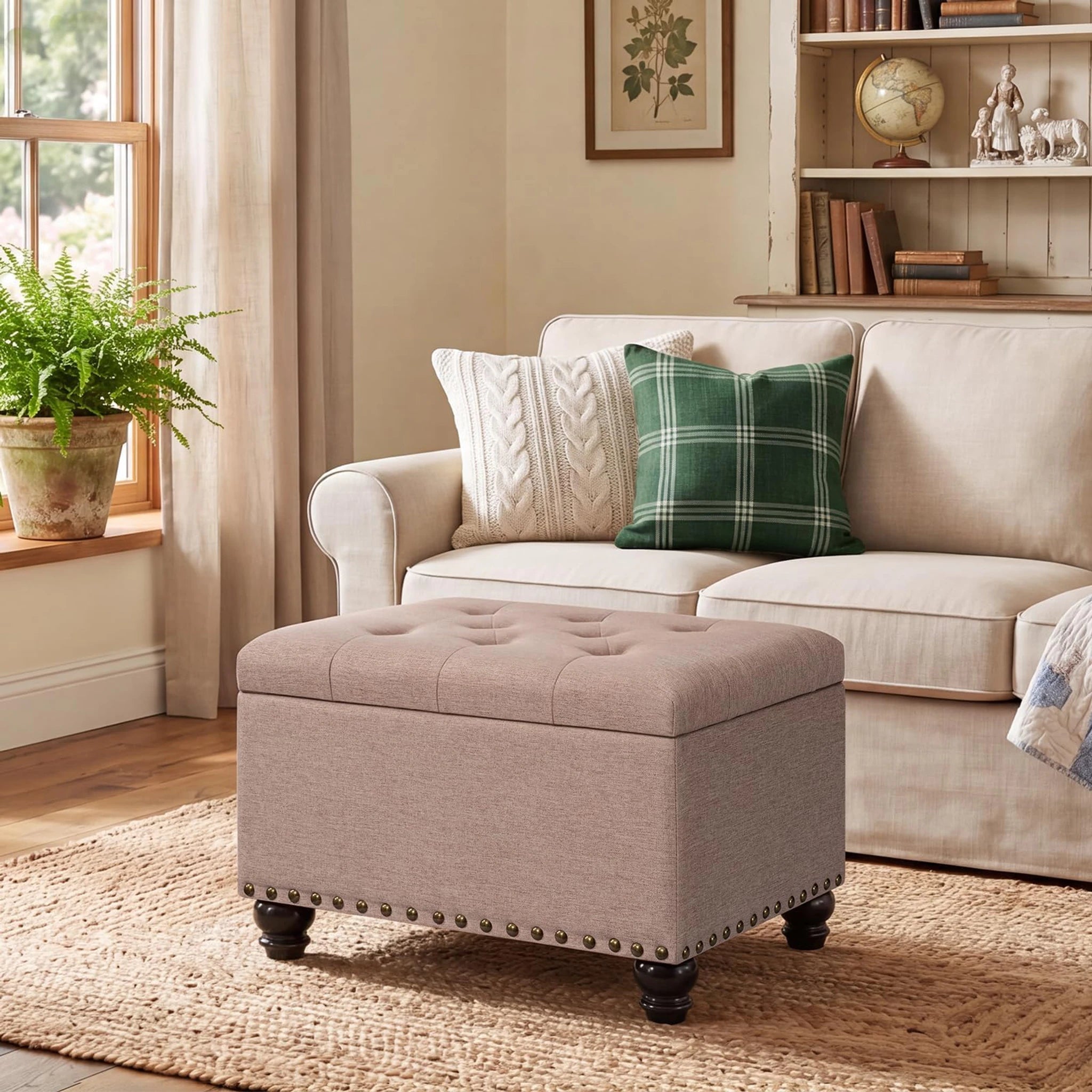 Decent Home Beige, Bronze Rivets Tufted Linen Storage Ottoman – styled home scene