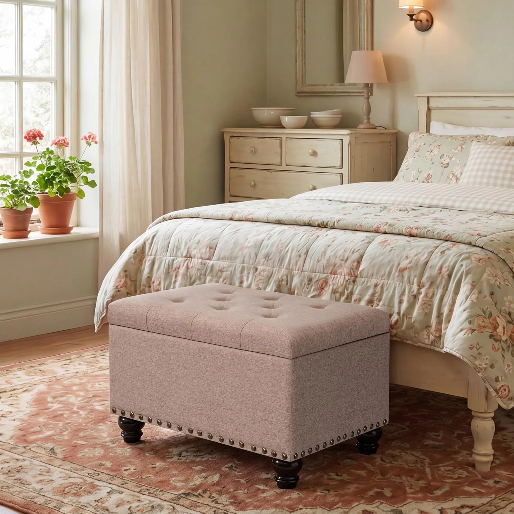 Decent Home Beige, Bronze Rivets Tufted Linen Storage Ottoman – lifestyle room view