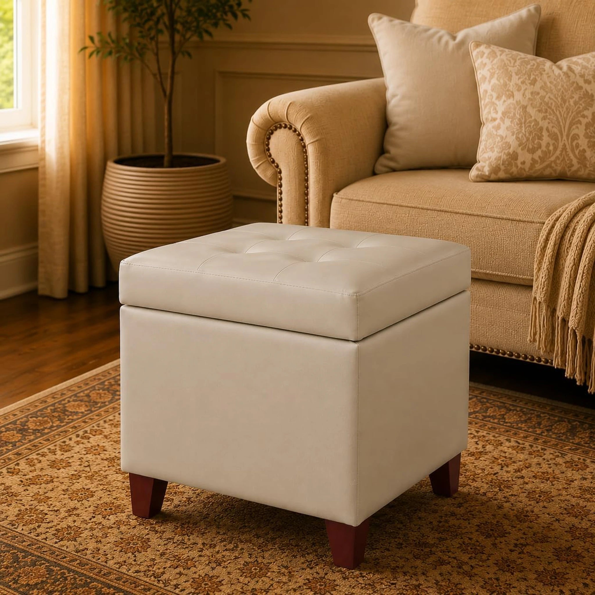 Decent Home Beige Faux Leather Storage Ottoman – styled home scene