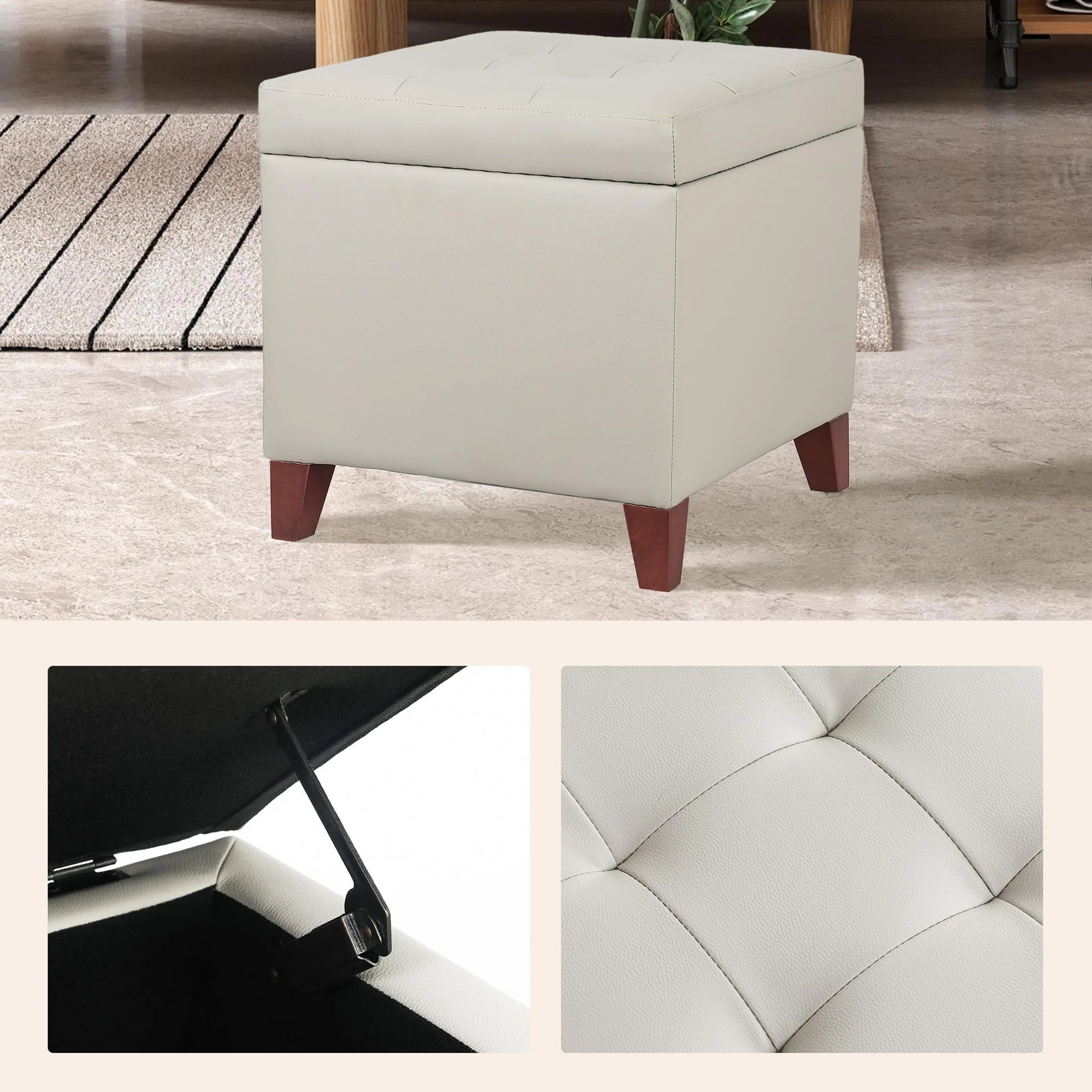 Decent Home Beige Faux Leather Storage Ottoman – detail and materials view