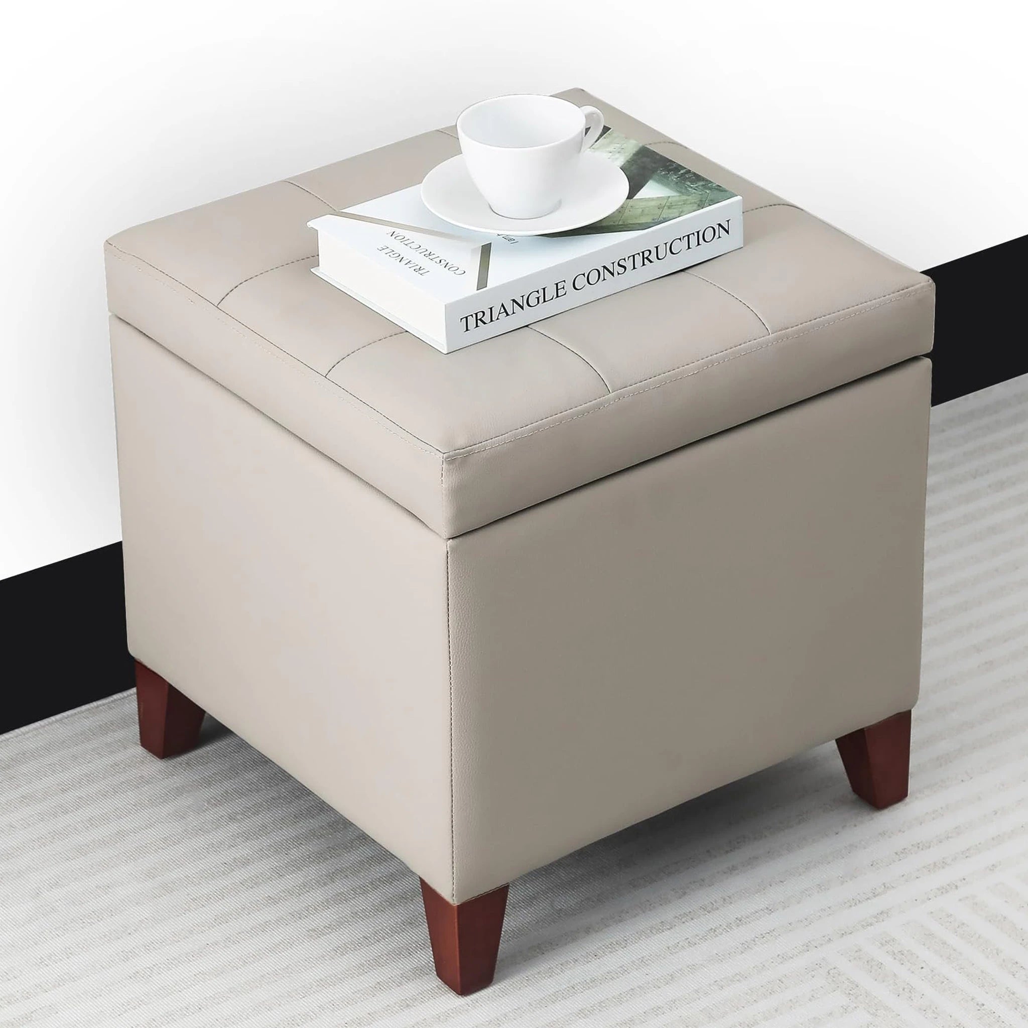Decent Home Beige Faux Leather Storage Ottoman – lifestyle room view