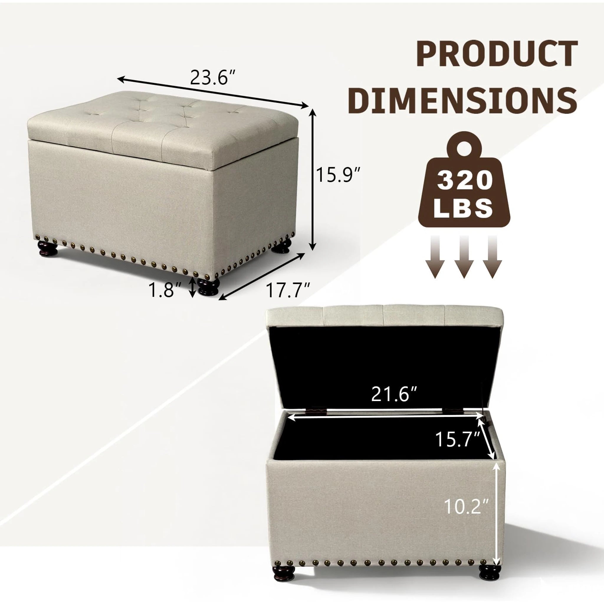 Decent Home Beige Tufted Fabric Storage Ottoman – dimensions chart