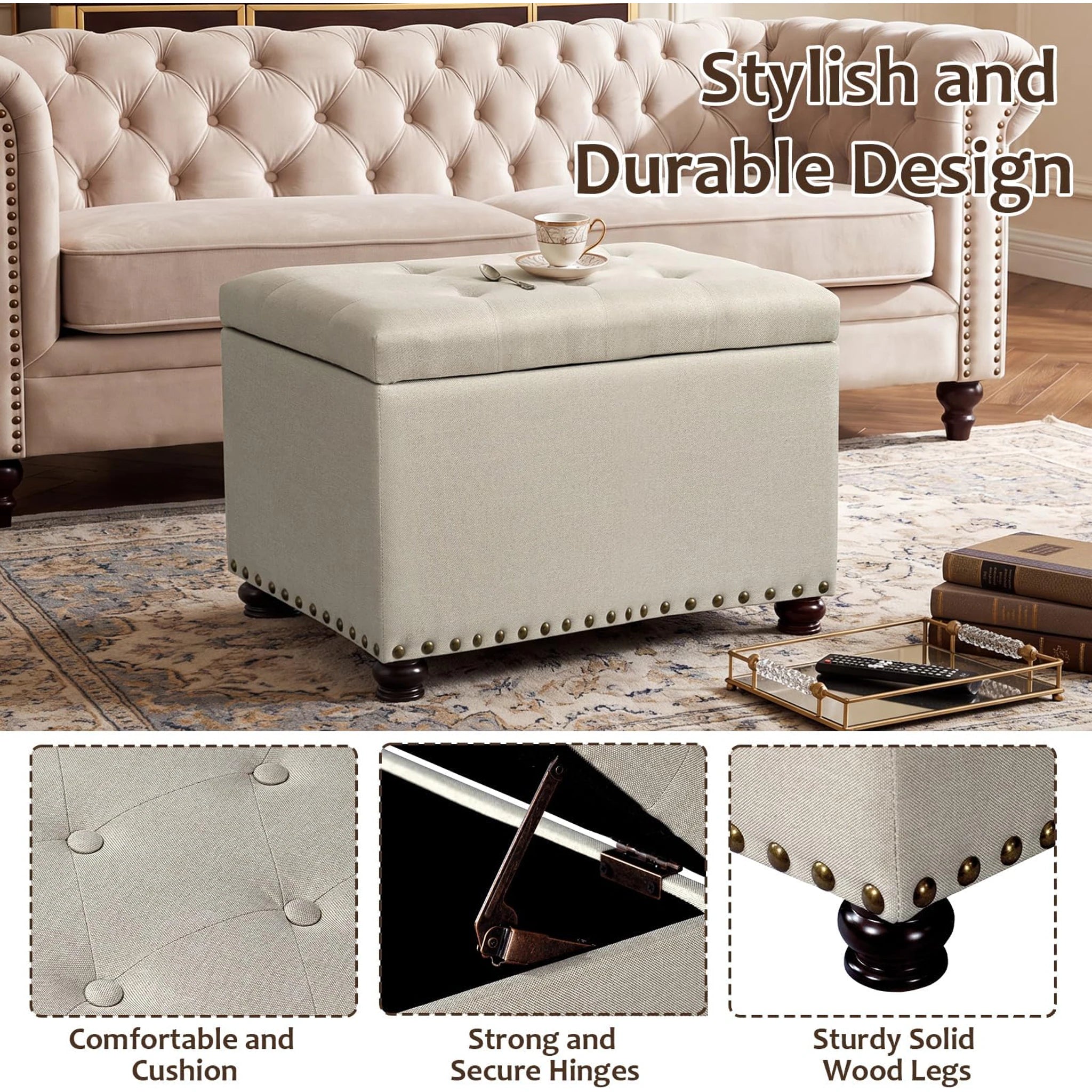 Decent Home Beige Tufted Fabric Storage Ottoman – detail and materials view