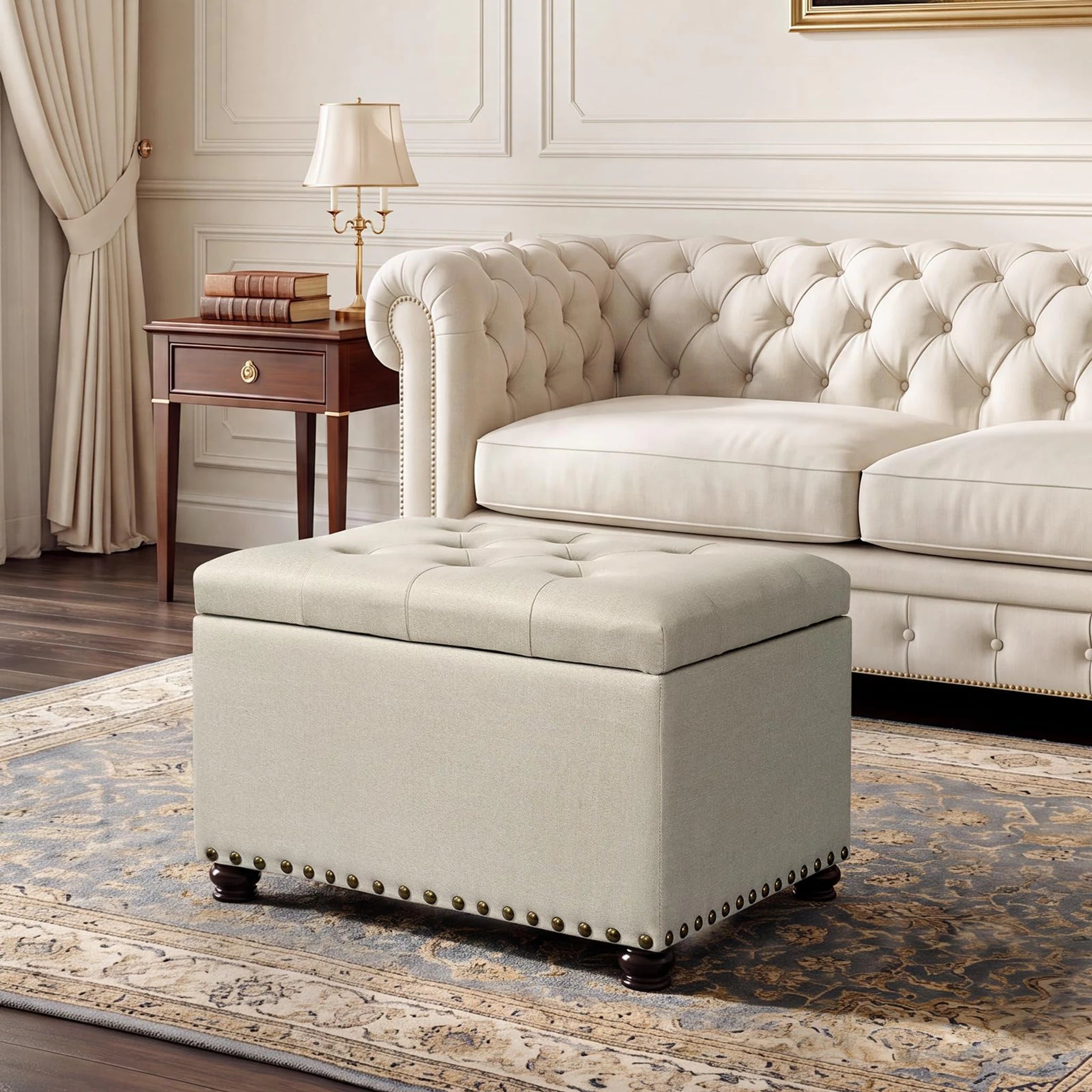 Decent Home Beige Tufted Fabric Storage Ottoman – lifestyle room view